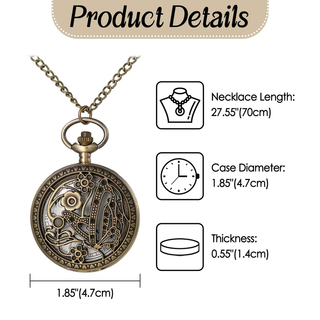 JewelryWe Taschenuhr Herren Damen Vintage: Retro Analog Quarz Kettenuhr Uhr Umhängeuhr mit Halskette Kette Pocket Watch Bronze Unisex Geschenk