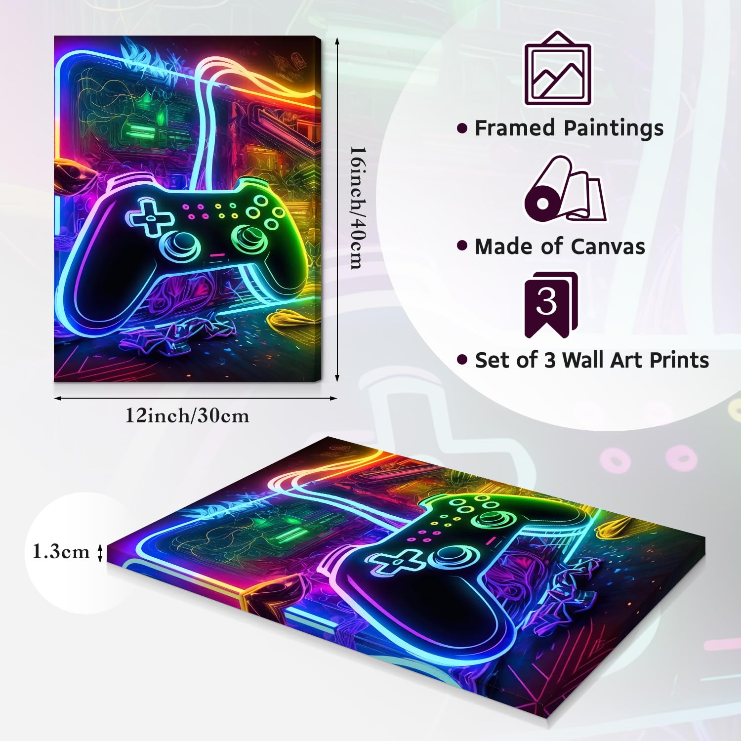 Dazzlewall 3Pcs Spiel WandBilder Cool Neon Gaming Bilder für Teen Jungen Zimmer Schlafsaal Spiel Zimmer Dekor 30×40 cm Ungerahmt