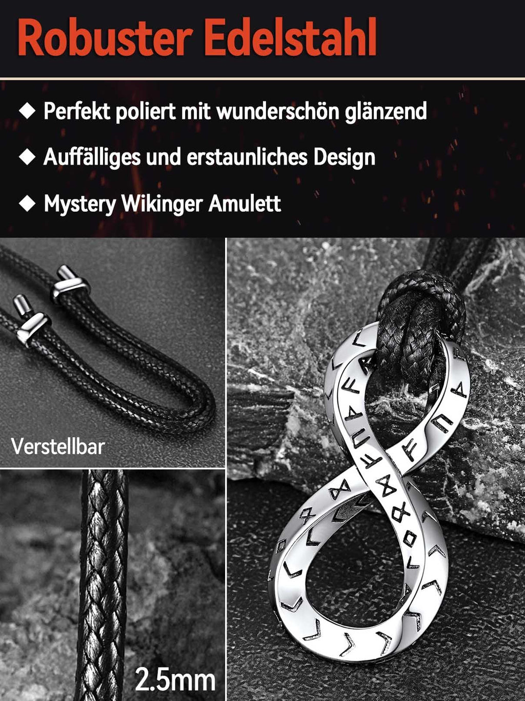 FaithHeart Lederkette Herren Damen Leder Halskette Männer Kette mit Runen Anhänger Edelstahl Lederband mit Mobius Rund/Dreieck/Unendlichkeit Kunstleder Lederhalsband verstellbar Wikinger Schmuck
