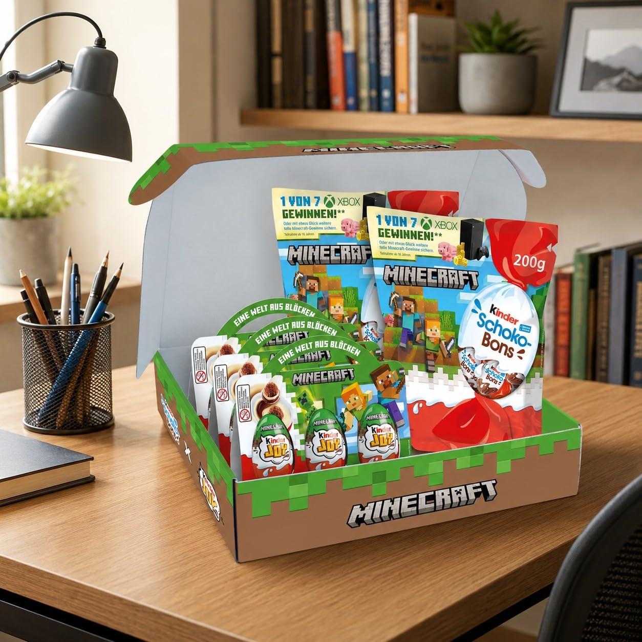 Kinder Minecraft Box – Geschenkbox mit 9 Kinder Joy Eiern, 2 x Kinder Schoko-Bons 200 g und gratis Figuren-Pappaufsteller