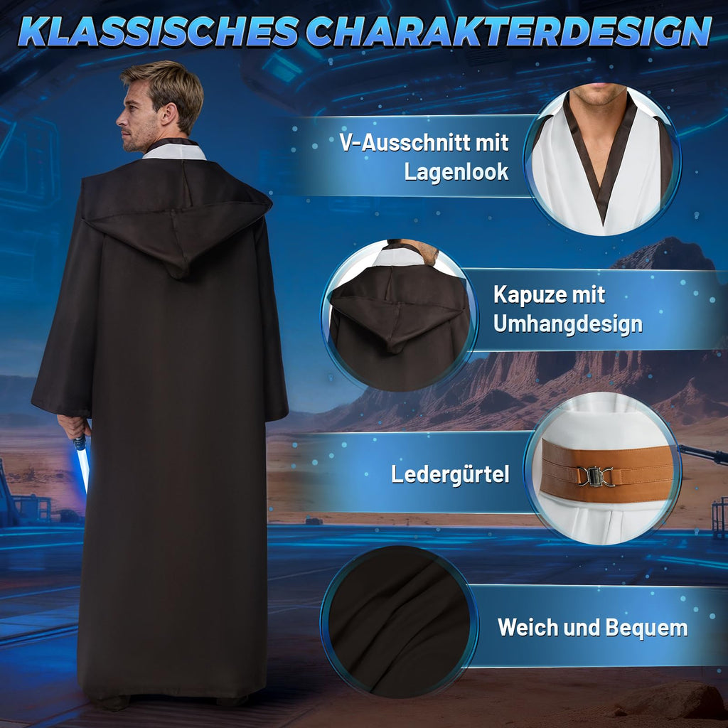 jedi-Kostüm Herren, jedi-Robe Herren Set jedis-Outfit Erwachsene jedis-Kleidung Erwachsene mit Blau Lightsaber, Kapuzenumhang und Mittelalter Tunika für Halloween, Karneval