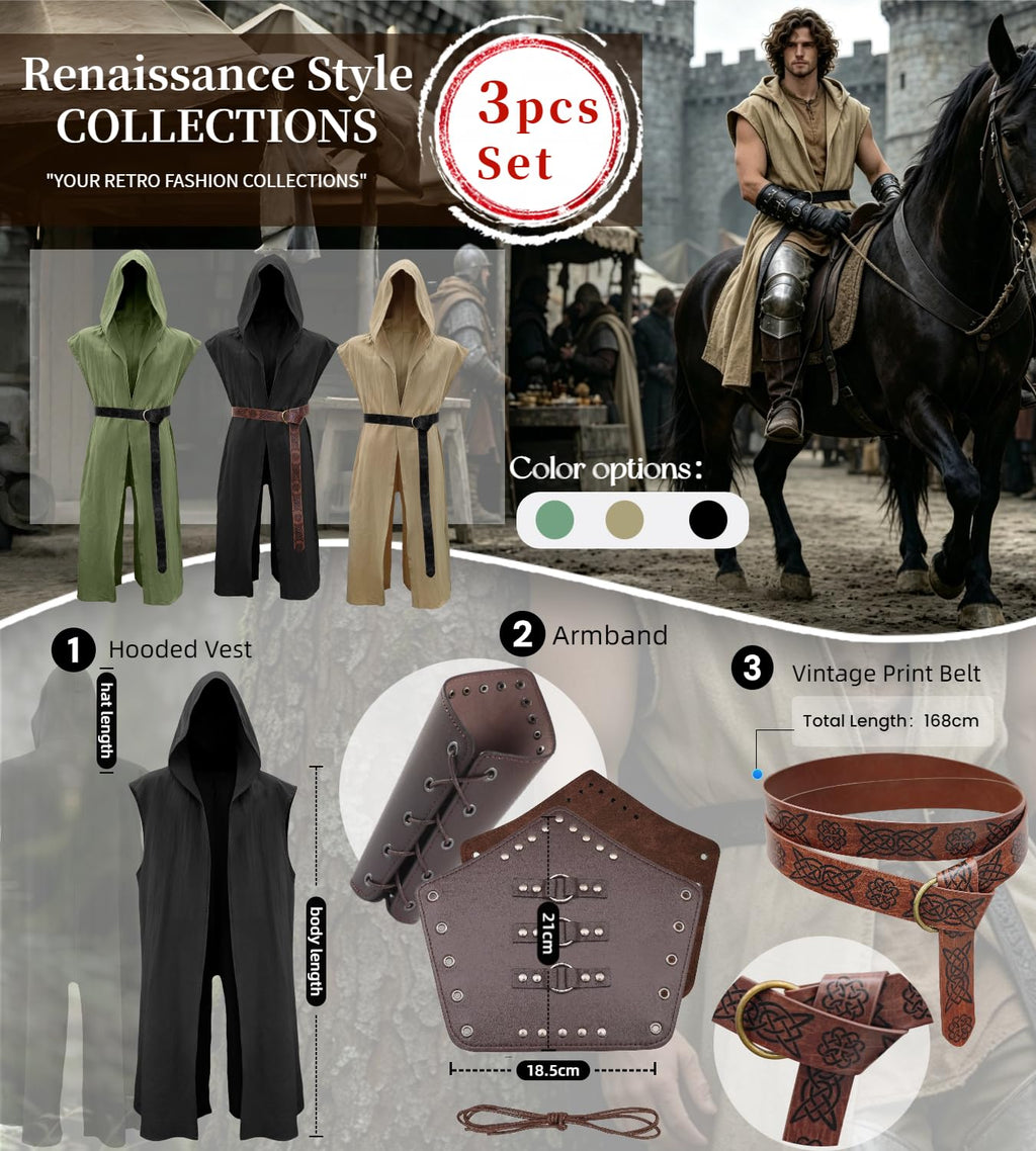 kasahara Mittelalter Kleidung Herren Set, Ärmellose WESTE Umhang mit Kapuze Renaissance Kostüm Damen Wikinger Ritter Outfit für Halloween Karneval Unisex Erwachsene Faschingskostüme