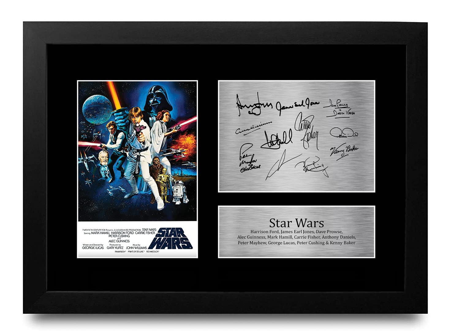 HWC Trading FR A4 Star Wars New Hope Cast Mark Hamill, Carrie Fisher, Harrison Ford Geschenke Geducktes Signiertes Autogramm Foto für Fans von Film Memorabilien - A4 Gerahmt