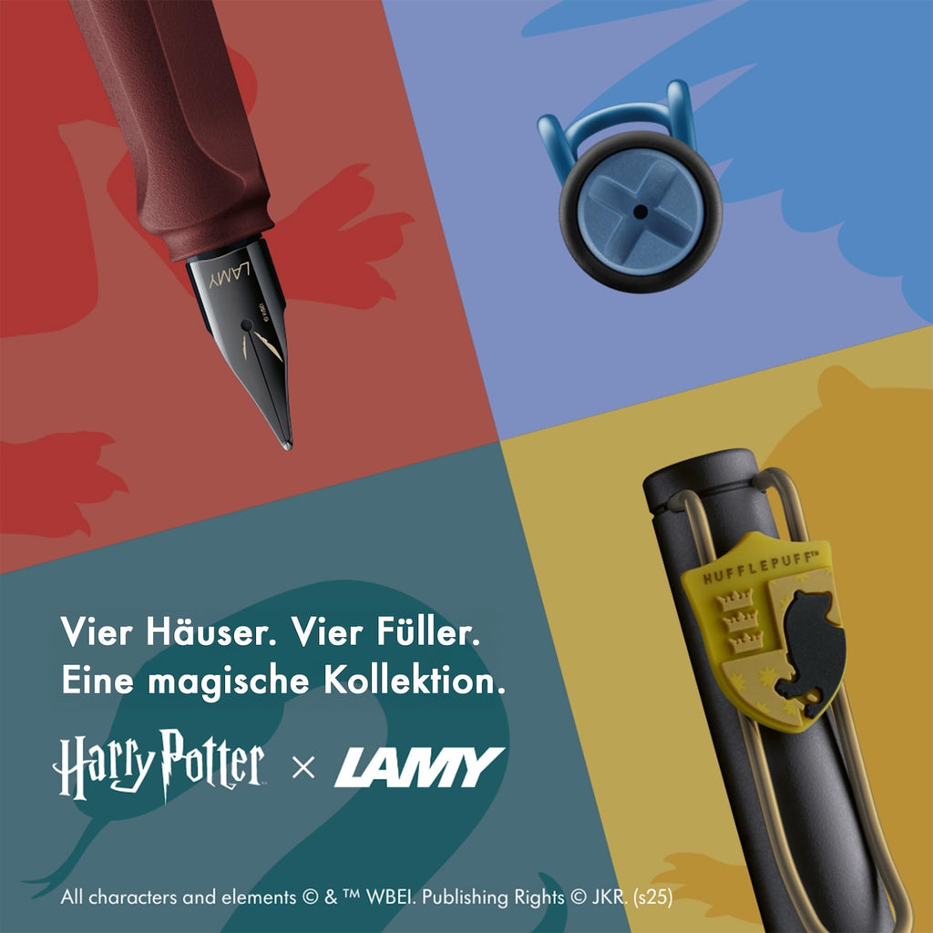 Lamy safari Harry Potter Gryffindor™ Füller – Special Edition Füllhalter mit Wappen des Hauses - Stahlfeder in Strichbreite M – mit ergonomischen Griff – inkl. Tintenpatrone T10 blau – Rechtshänder
