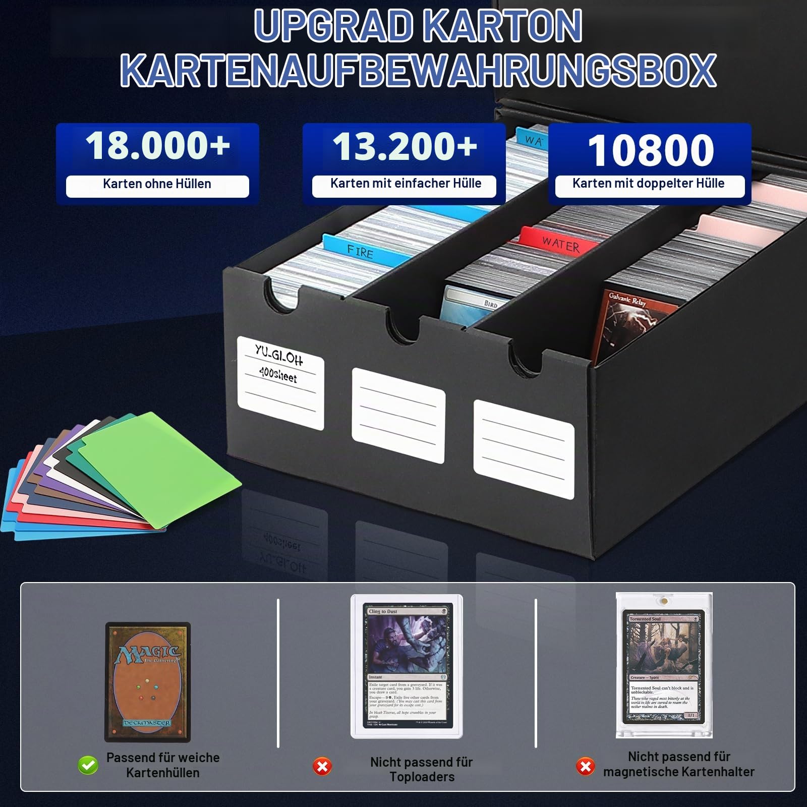 AOBOPLE Karten Box für 12000+ Trading Card,Sammelkarten-Aufbewahrungsbox mit 48 Kartenteiler,Etiketten Klebeband und Schubladen,Sammelkarten Box Trading Card Box für TCG,MTG,PTCG,Sports Karten