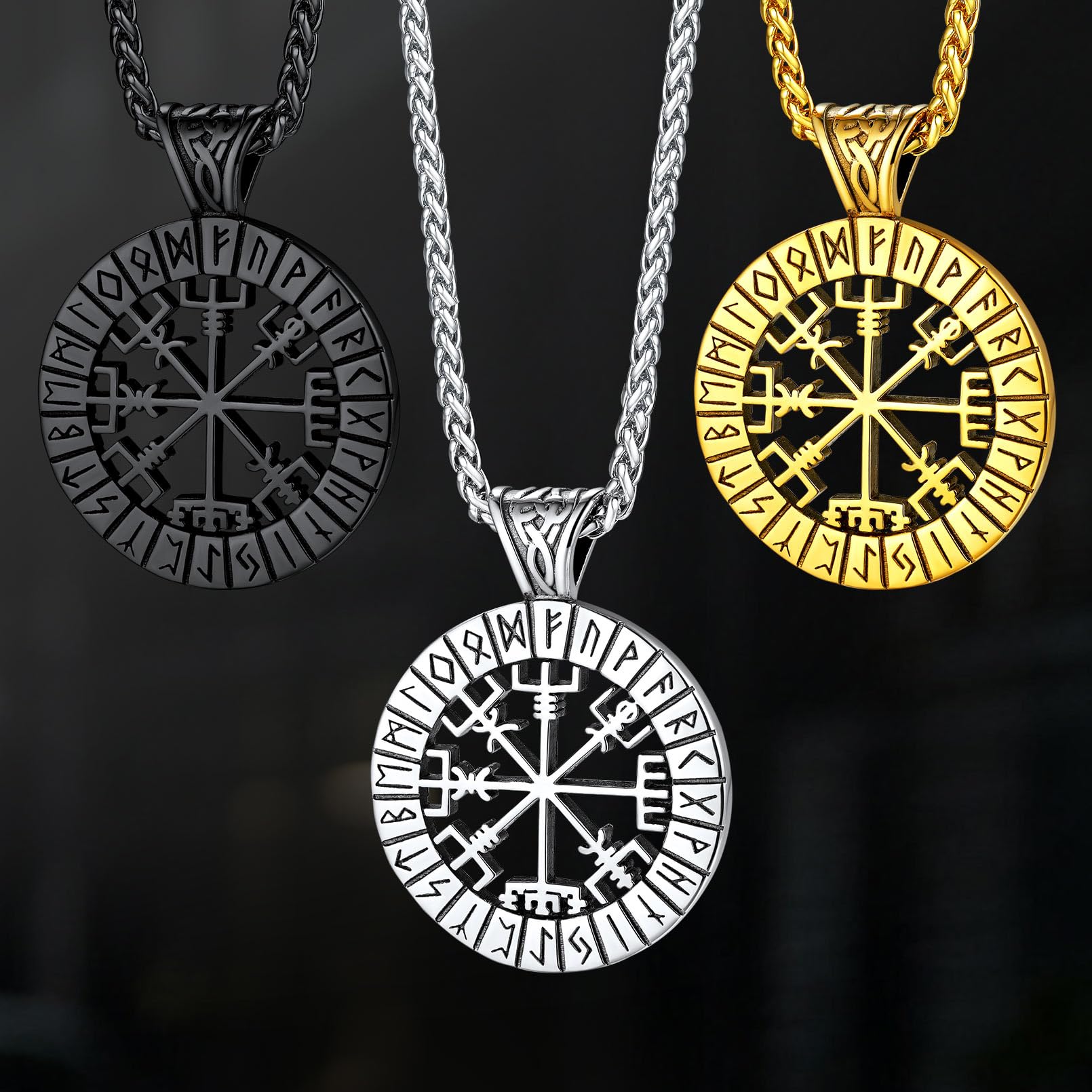 FaithHeart Wikingerhalskette für Herren, Vegvisir-Kompass, Edelstahl, Kette 55 + 5 cm, nordischer Mythologie-Schmuck
