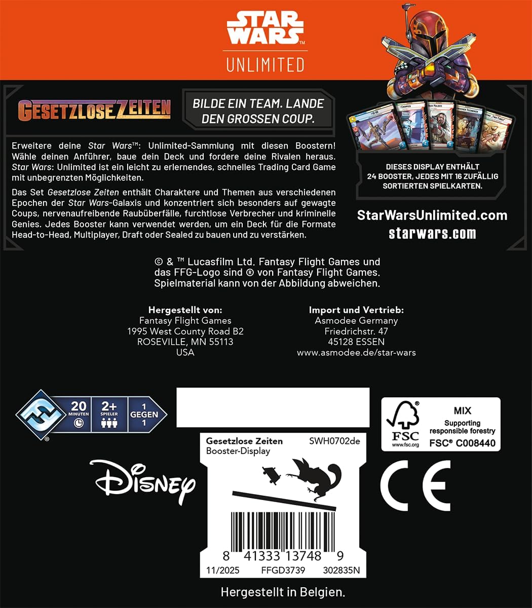 Asmodee - FFG - Star Wars: Unlimited Trading Card Game - Gesetzlose Zeiten - Booster Display (24 Booster Packs), TCG für Kinder und Erwachsene, Alter 12+, 2+ Spieler, 20 Minuten, Deutsch