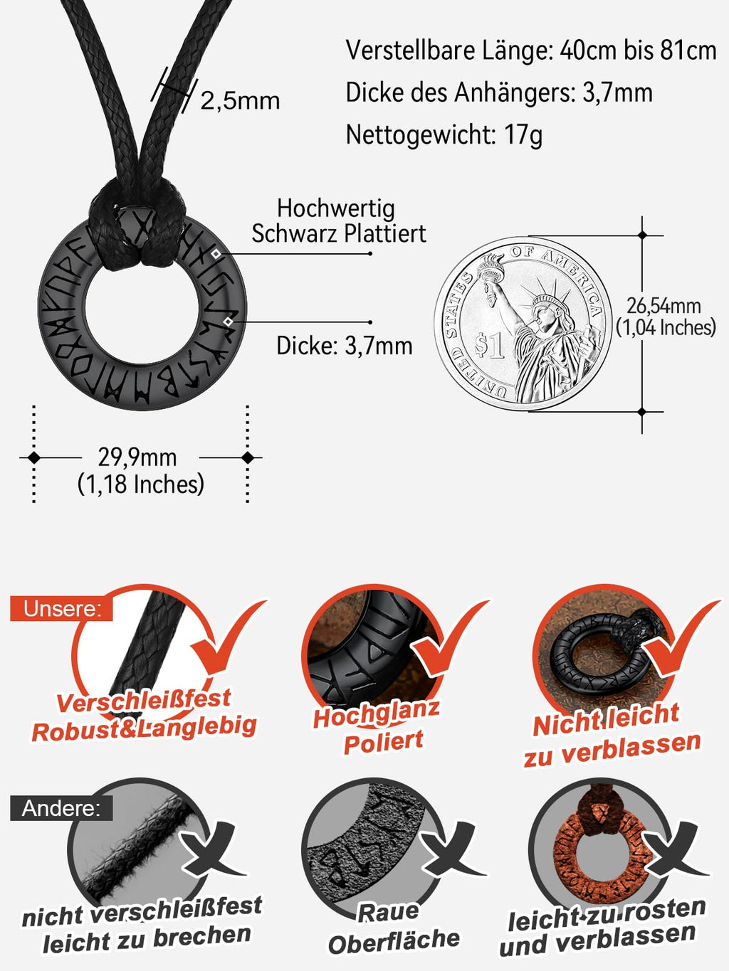 FaithHeart Lederkette Herren Damen Leder Halskette Männer Kette mit Runen Anhänger Edelstahl Lederband mit Mobius Rund/Dreieck/Unendlichkeit Kunstleder Lederhalsband verstellbar Wikinger Schmuck