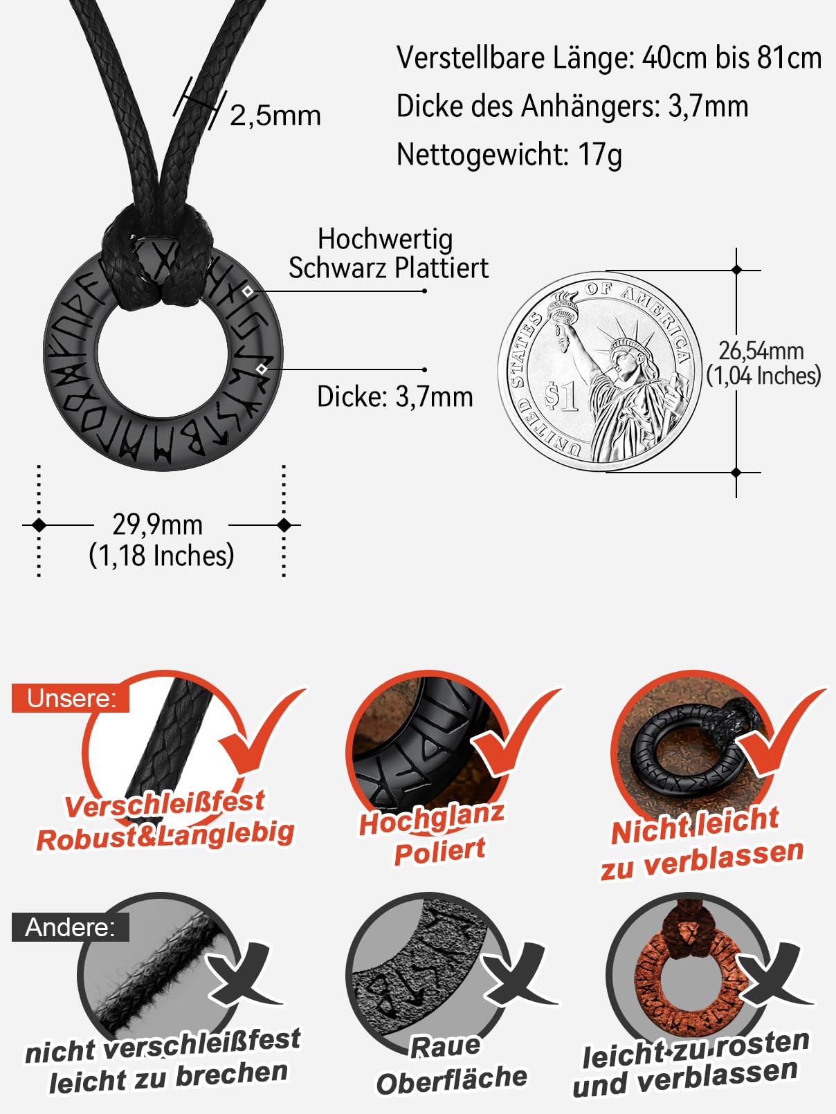 FaithHeart Lederkette Herren Damen Leder Halskette Männer Kette mit Runen Anhänger Edelstahl Lederband mit Mobius Rund/Dreieck/Unendlichkeit Kunstleder Lederhalsband verstellbar Wikinger Schmuck