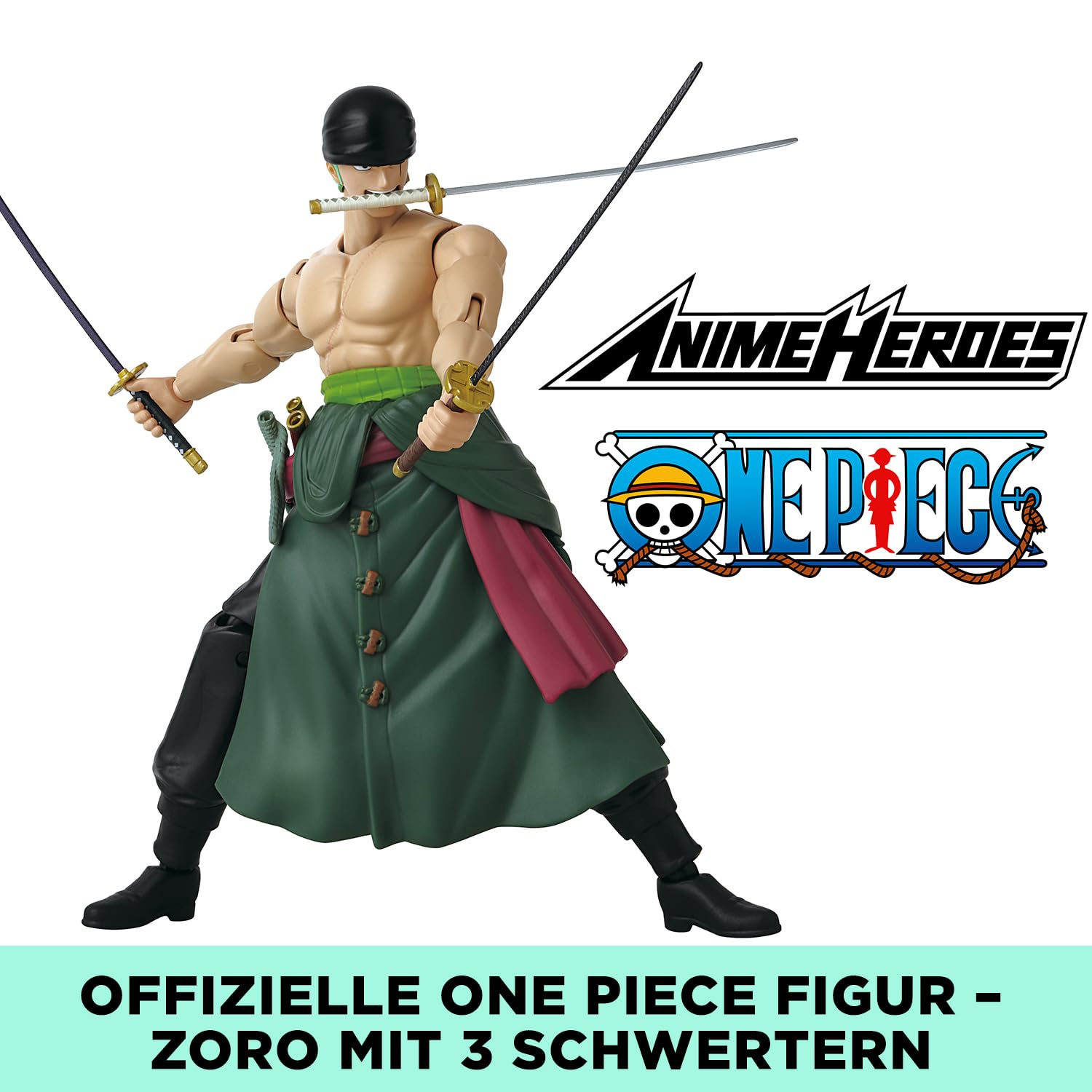 BANDAI – Anime Heroes – One Piece Figur – Lorenor Zorro 17 cm Three Sword Style – Offizielle Lizenz One Piece – Bewegliche Manga Figur Zorro 3 Schwerter – Spielzeug für Kinder ab 4 Jahren – 37052