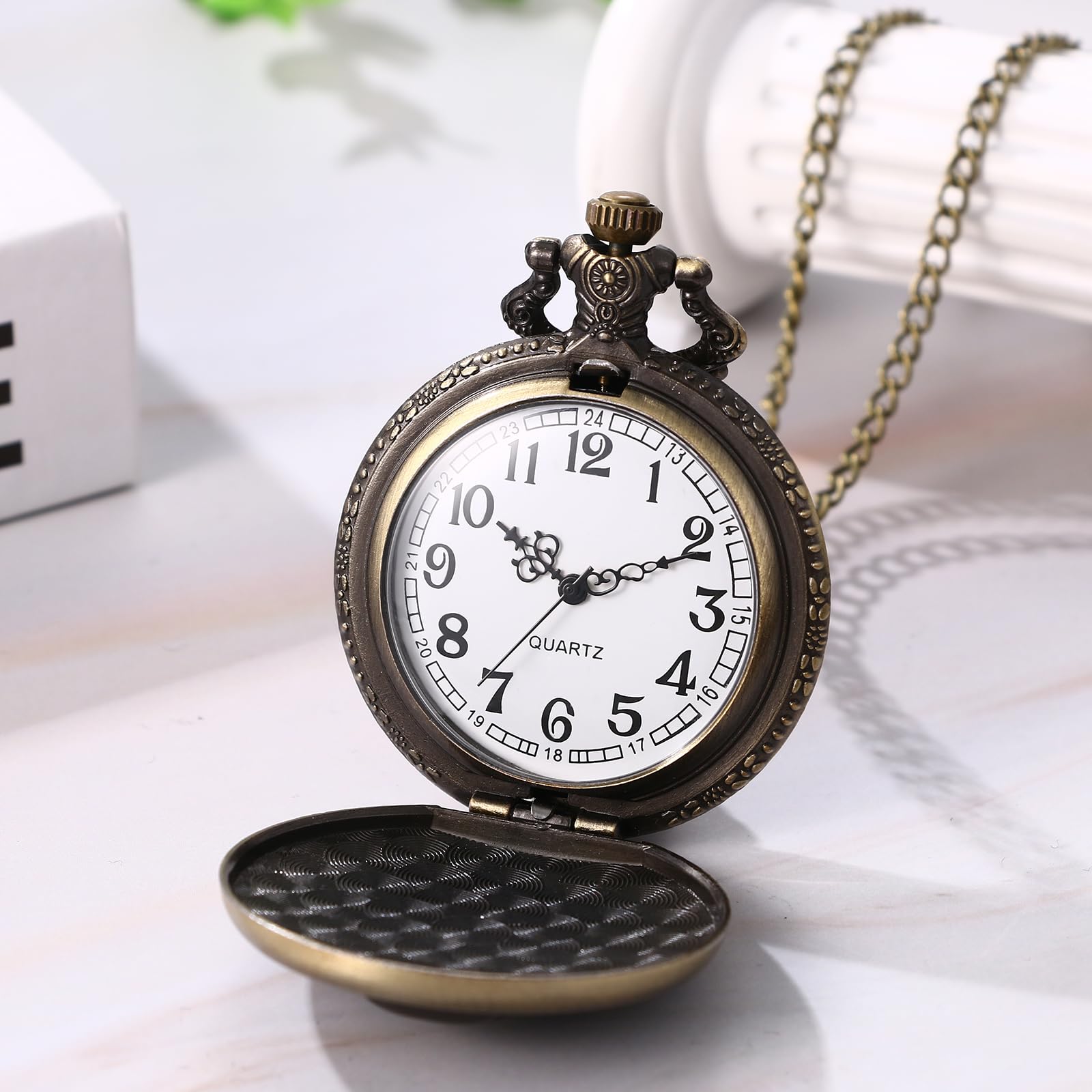 JewelryWe Taschenuhr Herren Damen Vintage: Retro Analog Quarz Kettenuhr Uhr Umhängeuhr mit Halskette Kette Pocket Watch Bronze Unisex Geschenk