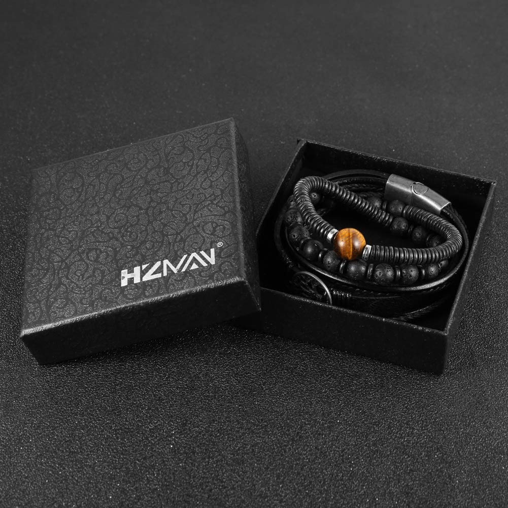 HZMAN Echtes Leder Baum des Lebens Armbänder Männer Frauen, Tigerauge Naturstein Lava Rock Perlen Ethnische Tribal elastische Armbänder Armbänder (2Pcs)