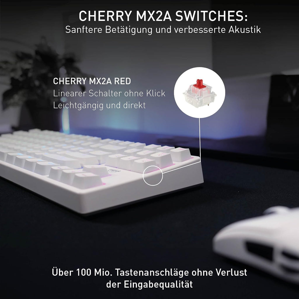 CHERRY XTRFY K4V2 TKL, Kabelgebundene Gaming-Tastatur ohne Nummernblock, Deutsches Layout (QWERTZ), RGB-Beleuchtung, Mechanische MX2A RED Switches, Weiß
