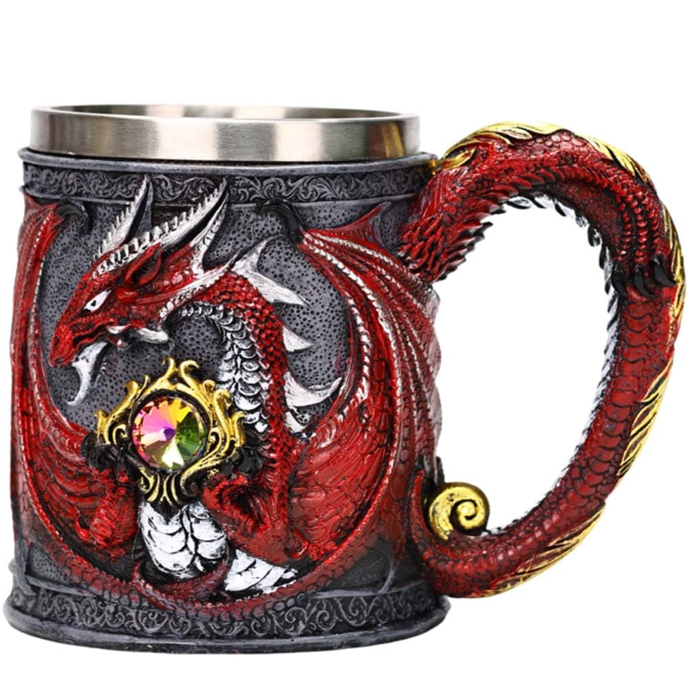 ZONSUSE Mittelalter Drache Kelch, Gotischer Drachen Kelch, Flugsaurier Edelstahl Weinkelch, Roter Drache auf Kreuzsockel, Magischer Dragon Goblet,Idee Geschenk für Fantasy Fans 200ml (Rot Goblet)