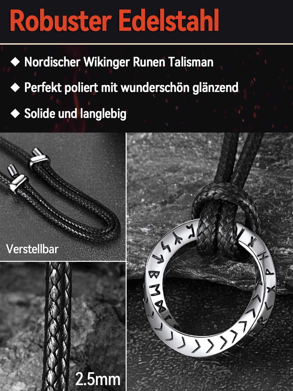 FaithHeart Lederkette Herren Damen Leder Halskette Männer Kette mit Runen Anhänger Edelstahl Lederband mit Mobius Rund/Dreieck/Unendlichkeit Kunstleder Lederhalsband verstellbar Wikinger Schmuck