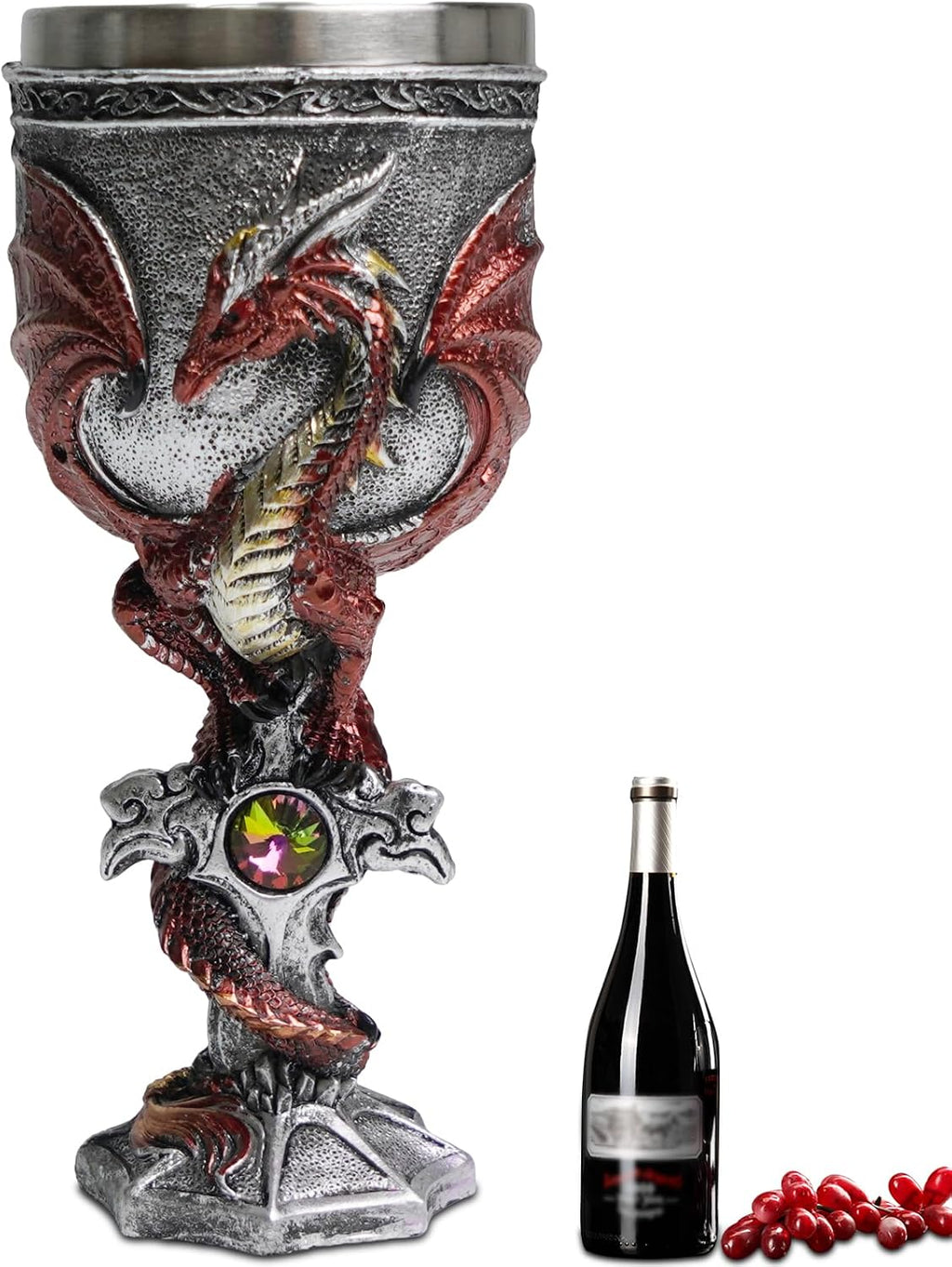 ZONSUSE Mittelalter Drache Kelch, Gotischer Drachen Kelch, Flugsaurier Edelstahl Weinkelch, Roter Drache auf Kreuzsockel, Magischer Dragon Goblet,Idee Geschenk für Fantasy Fans 200ml (Rot Goblet)