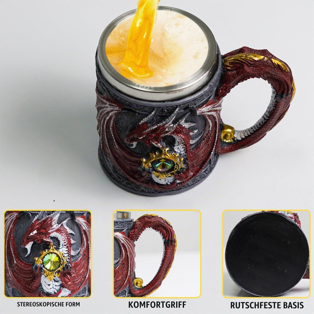 ZONSUSE Mittelalter Drache Kelch, Gotischer Drachen Kelch, Flugsaurier Edelstahl Weinkelch, Roter Drache auf Kreuzsockel, Magischer Dragon Goblet,Idee Geschenk für Fantasy Fans 200ml (Rot Goblet)