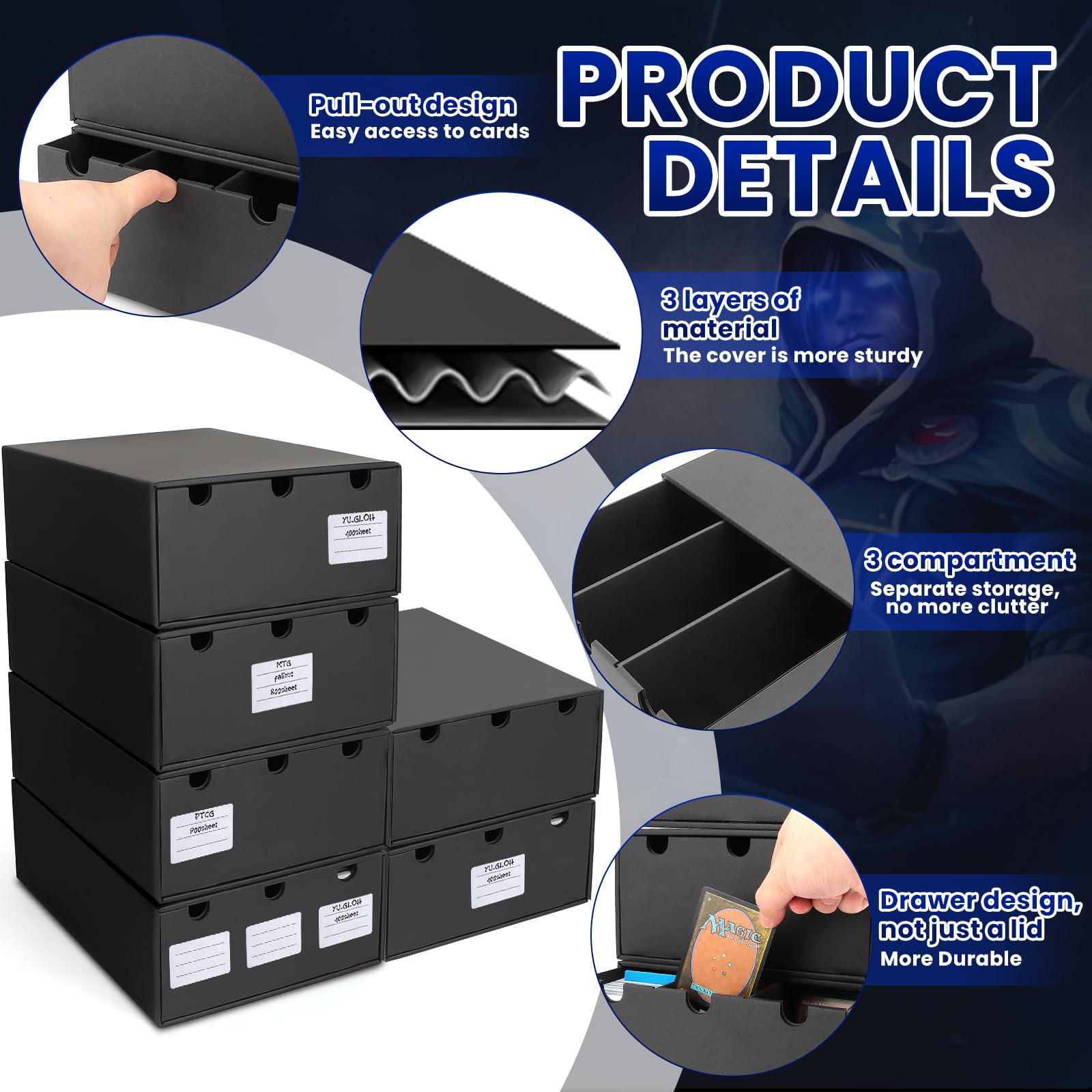 AOBOPLE Karten Box für 12000+ Trading Card,Sammelkarten-Aufbewahrungsbox mit 48 Kartenteiler,Etiketten Klebeband und Schubladen,Sammelkarten Box Trading Card Box für TCG,MTG,PTCG,Sports Karten
