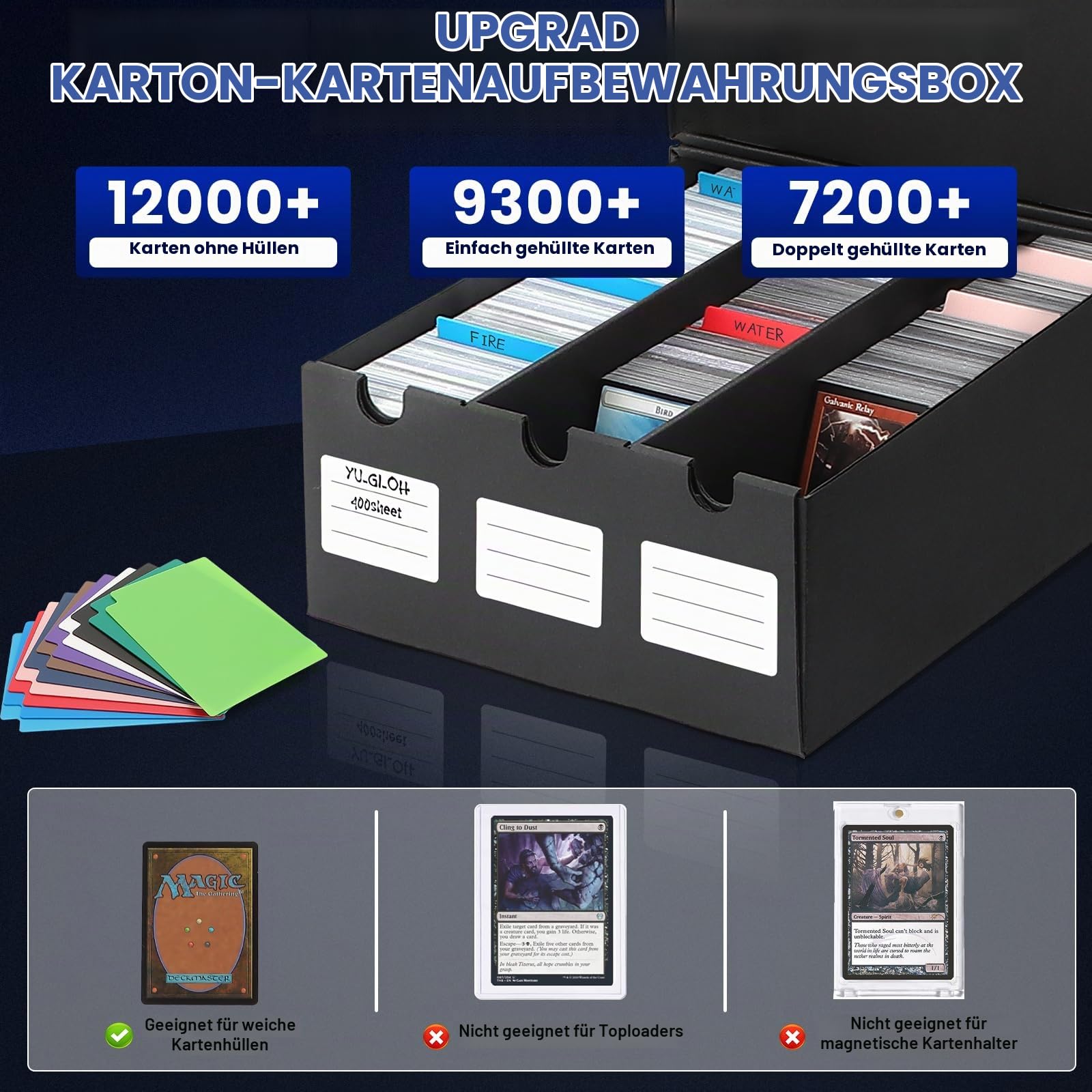 AOBOPLE Karten Box für 12000+ Trading Card,Sammelkarten-Aufbewahrungsbox mit 48 Kartenteiler,Etiketten Klebeband und Schubladen,Sammelkarten Box Trading Card Box für TCG,MTG,PTCG,Sports Karten