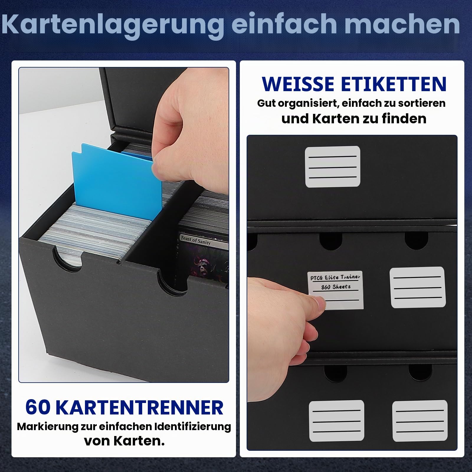 AOBOPLE Karten Box für 12000+ Trading Card,Sammelkarten-Aufbewahrungsbox mit 48 Kartenteiler,Etiketten Klebeband und Schubladen,Sammelkarten Box Trading Card Box für TCG,MTG,PTCG,Sports Karten