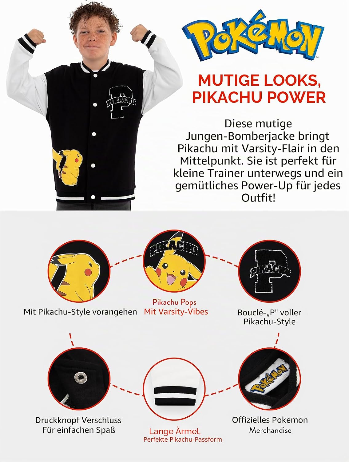 Pokemon Jacke Für Jungen, Pikachu Bomberjacke Mit Bouclé Applikation, Jacken Für Jungen Aus Baumwolle, Jacke Bomberjacke Mit Print Im Versity-Stil