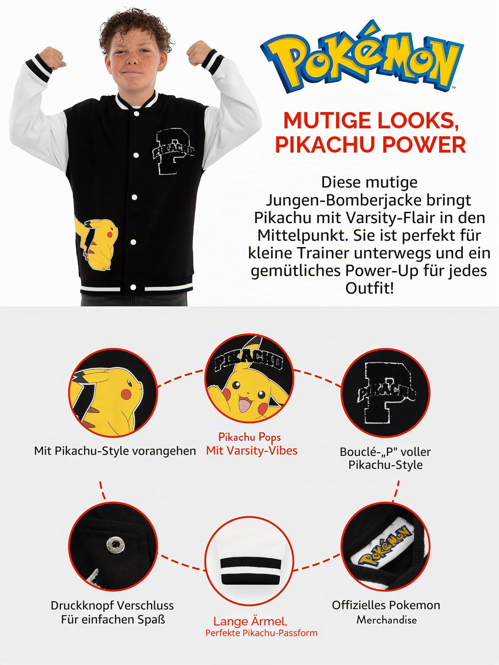 Pokemon Jacke Für Jungen, Pikachu Bomberjacke Mit Bouclé Applikation, Jacken Für Jungen Aus Baumwolle, Jacke Bomberjacke Mit Print Im Versity-Stil