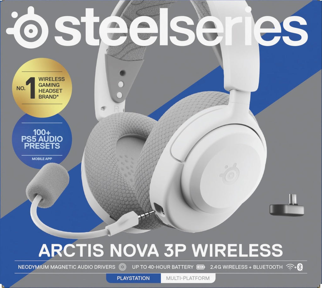 SteelSeries Arctis Nova 3P Wireless - PS5 Headset & PC Gaming Headset – App-Steuerung – 40 Std. Akku – Neodym-Magnet-Treiber – 2,4 GHz/Bluetooth – Abnehmbares Mikrofon – Für PS5, PC, Switch - Schwarz