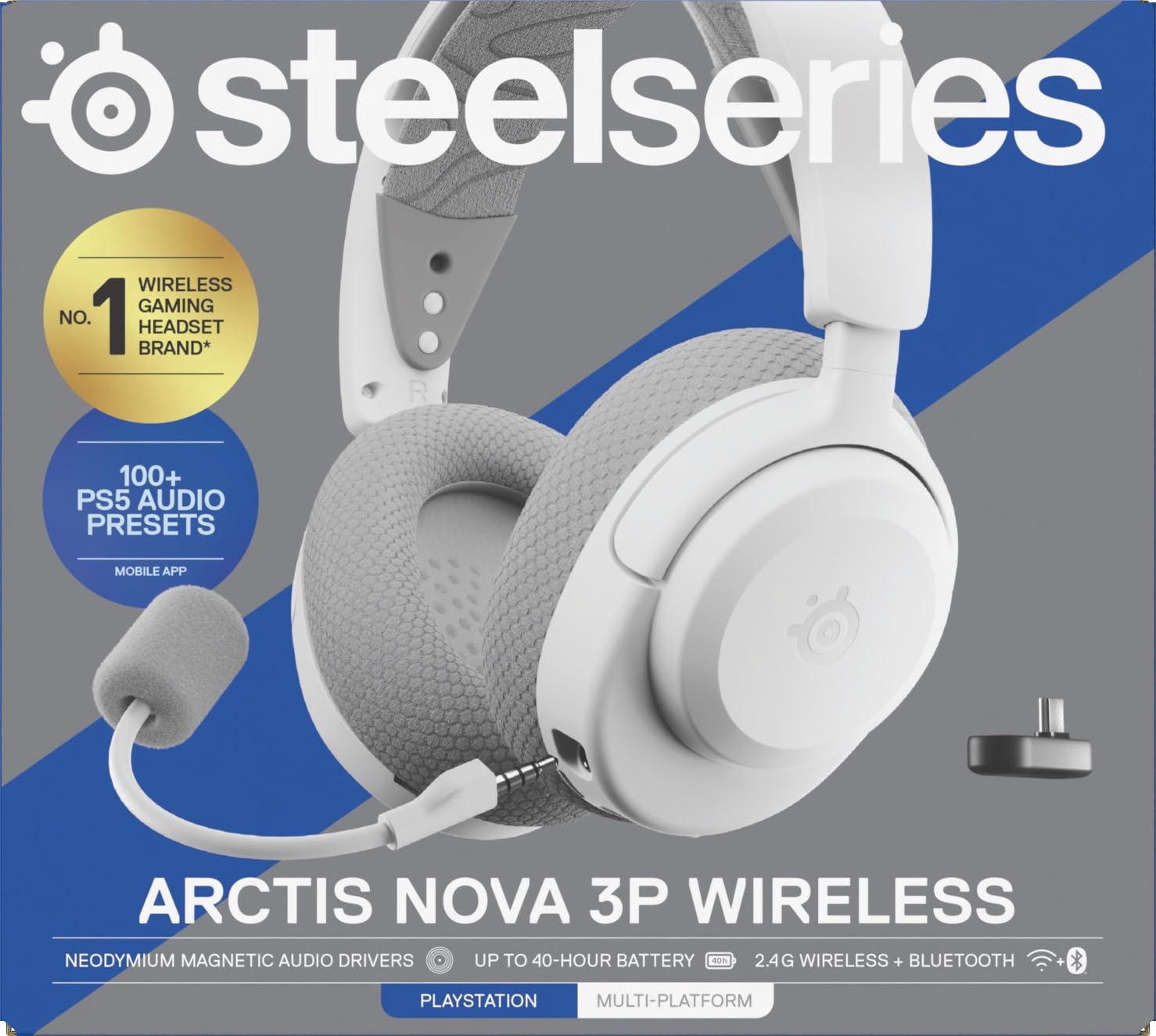 SteelSeries Arctis Nova 3P Wireless - PS5 Headset & PC Gaming Headset – App-Steuerung – 40 Std. Akku – Neodym-Magnet-Treiber – 2,4 GHz/Bluetooth – Abnehmbares Mikrofon – Für PS5, PC, Switch - Schwarz