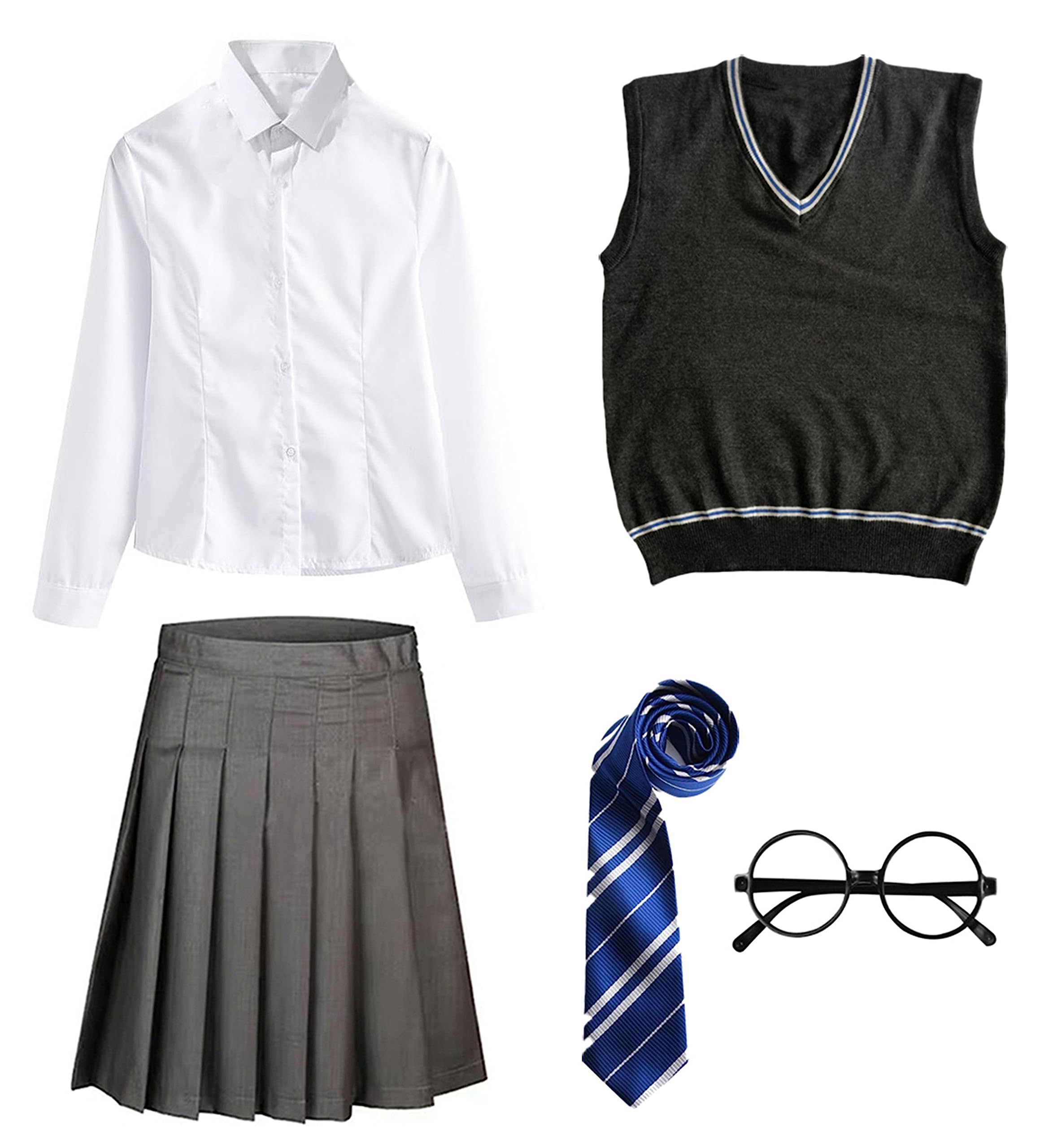 FStory&Winyee Zauberer Set Bluse Rock Weste Krawatte Brille Kostüm Zubehör für Kinder Erwachsene Zubehör Set Striped Tie Gestreifte Krawatte zum Karneval Fasching Halloween