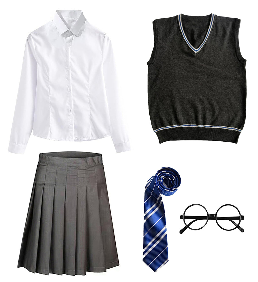 FStory&Winyee Zauberer Set Bluse Rock Weste Krawatte Brille Kostüm Zubehör für Kinder Erwachsene Zubehör Set Striped Tie Gestreifte Krawatte zum Karneval Fasching Halloween