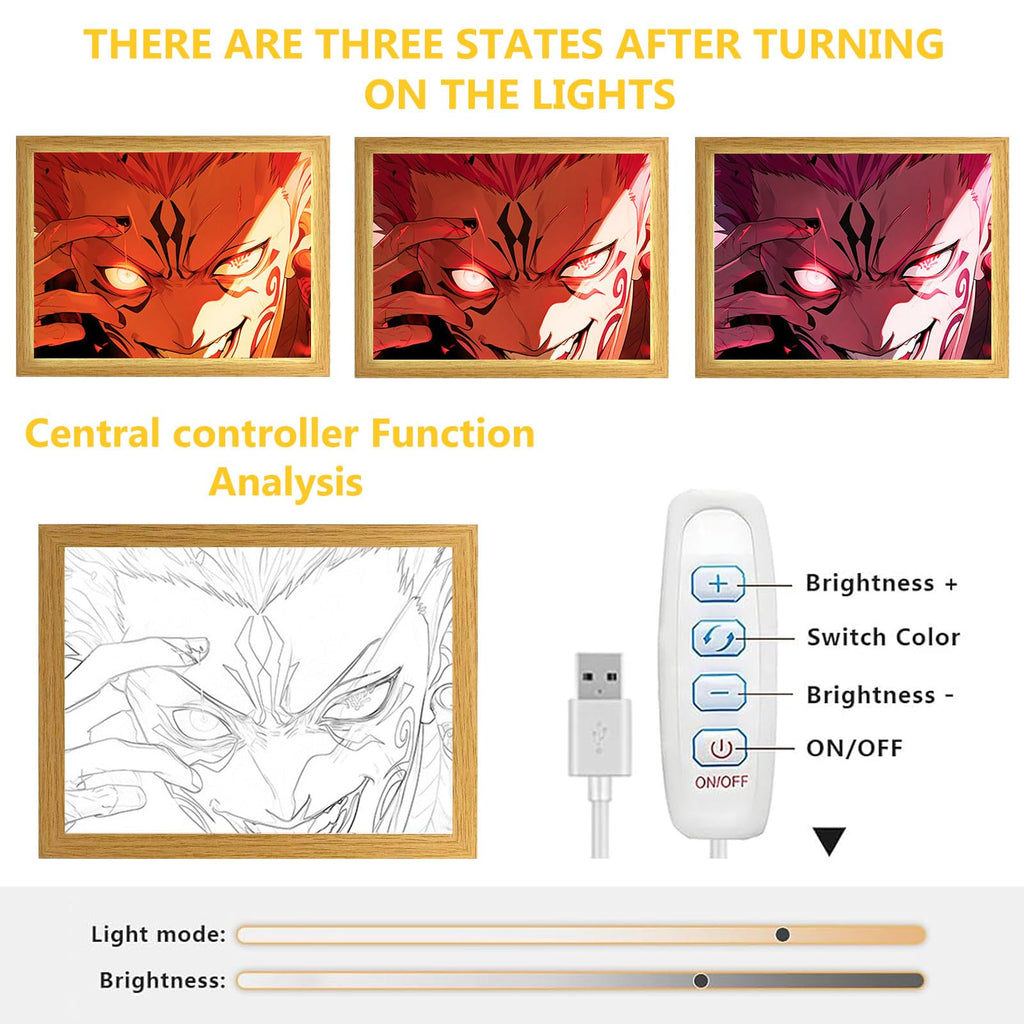 Bocguy Japanischer Anime Juju inspirierte beleuchtete Gemälde, LED Wandkunst Dekor,Jujutsu Kaisen Manga, LED Desktop-Rahmen für Heimdekoration,Kreatives Schlafzimmer und Geschenk