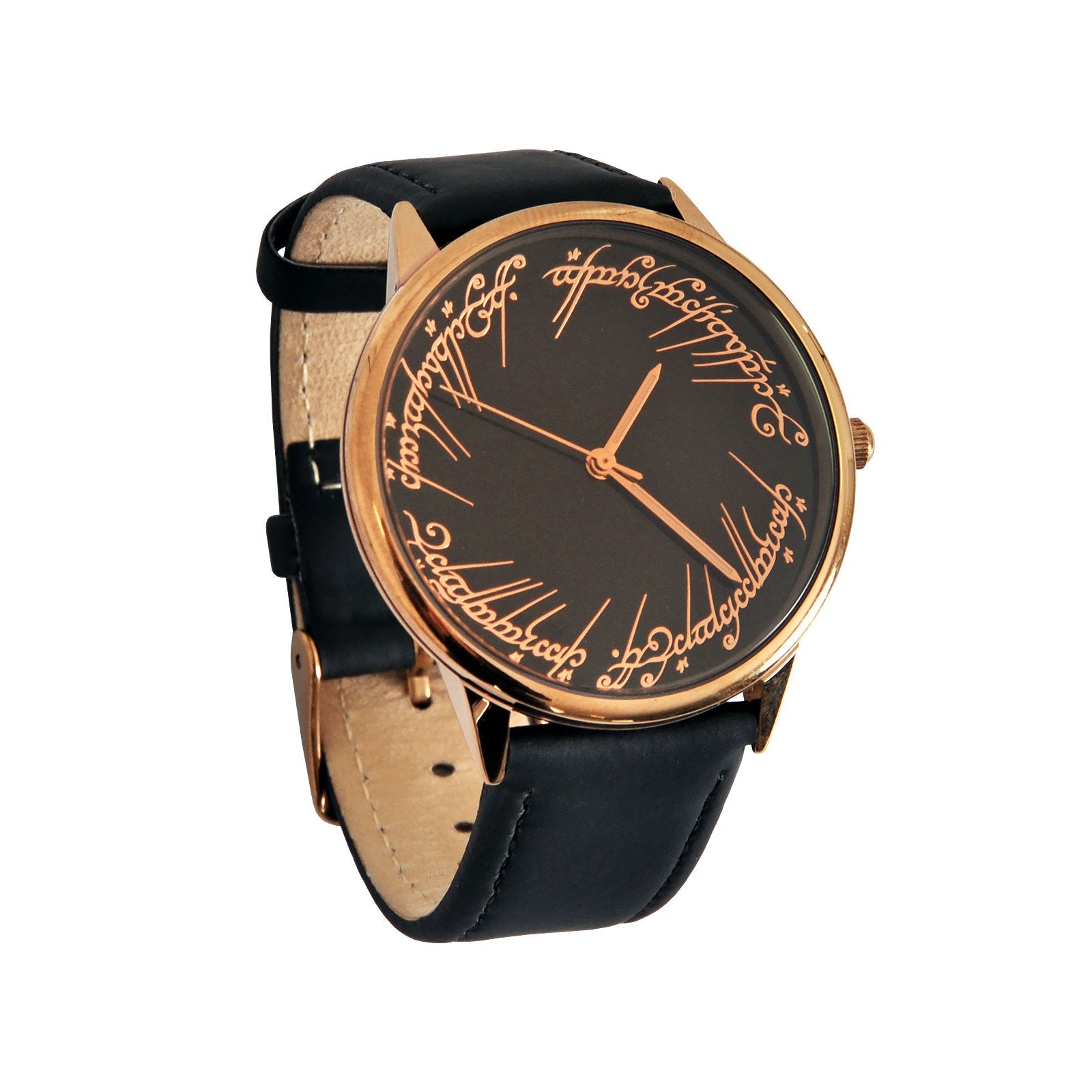 Elbenwald Herr der Ringe Armbanduhr mit elbischer Inschrift des einen Rings mit Echtlederarmband für Herren schwarz Gold