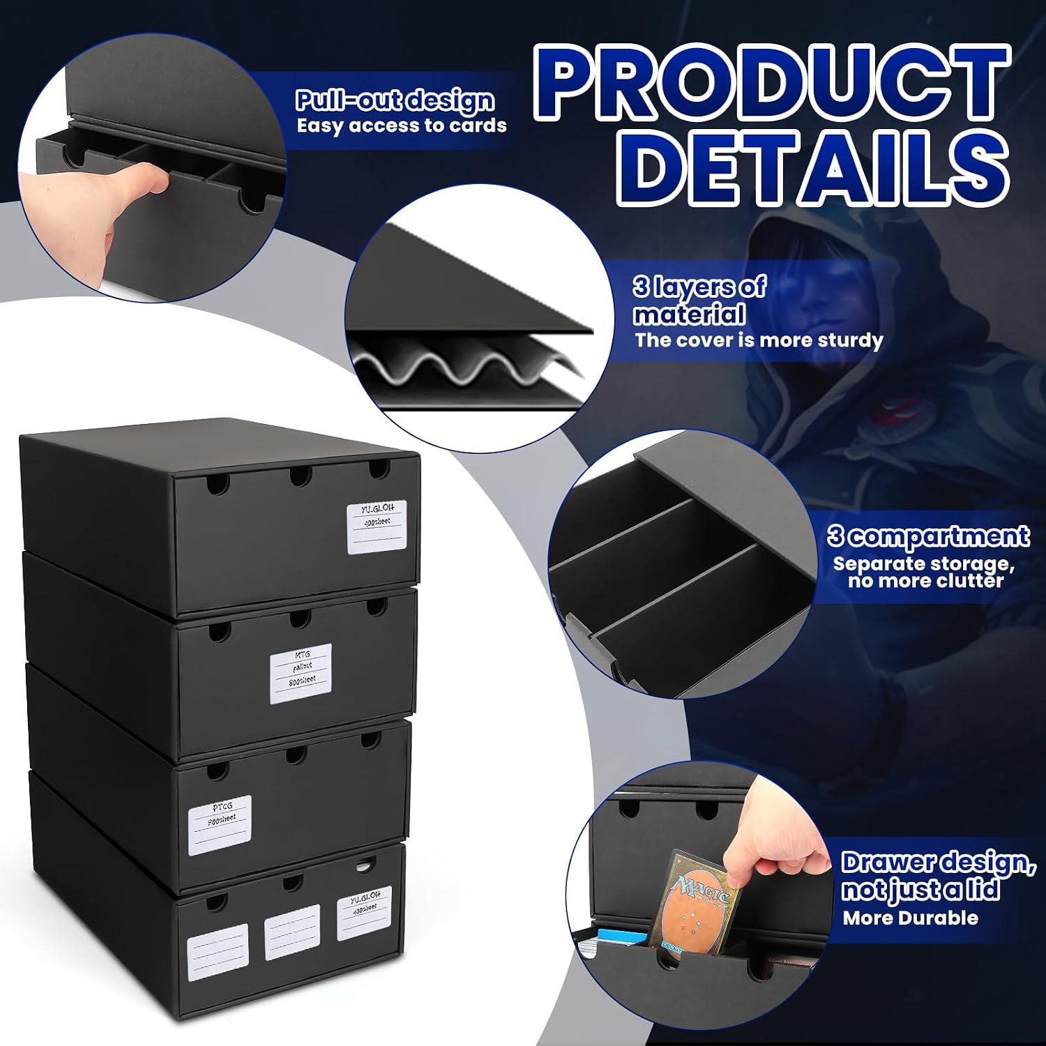 AOBOPLE Karten Box für 12000+ Trading Card,Sammelkarten-Aufbewahrungsbox mit 48 Kartenteiler,Etiketten Klebeband und Schubladen,Sammelkarten Box Trading Card Box für TCG,MTG,PTCG,Sports Karten