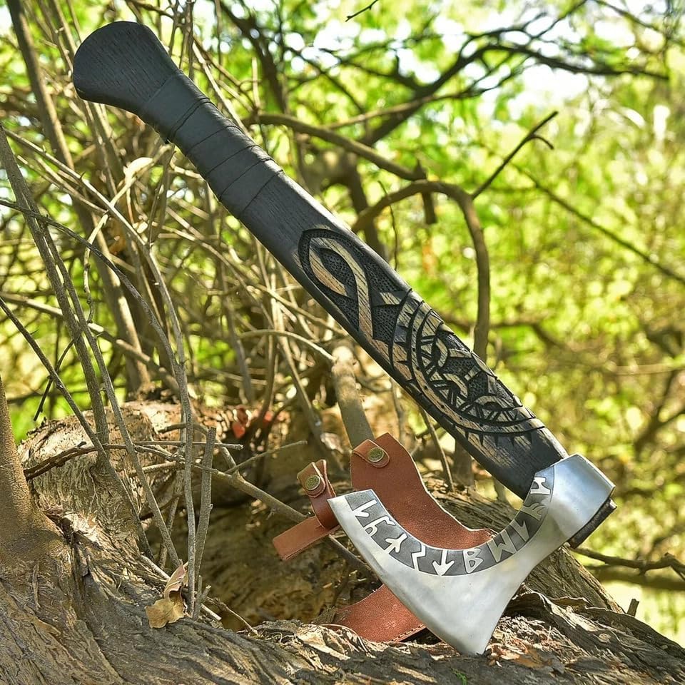 Viking Beard Axe with Handmade ash Wood Handle and Camoing Axe with Runes Engraved