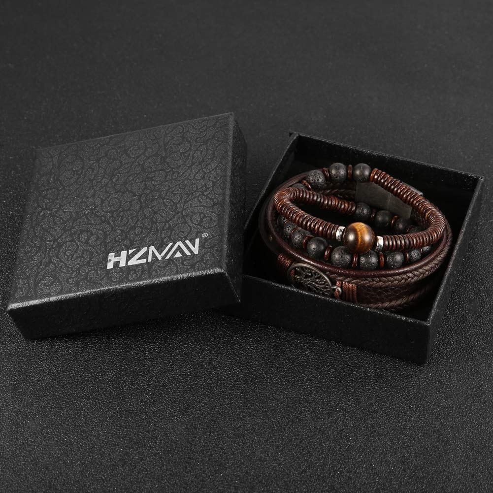 HZMAN Echtes Leder Baum des Lebens Armbänder Männer Frauen, Tigerauge Naturstein Lava Rock Perlen Ethnische Tribal elastische Armbänder Armbänder (2Pcs)