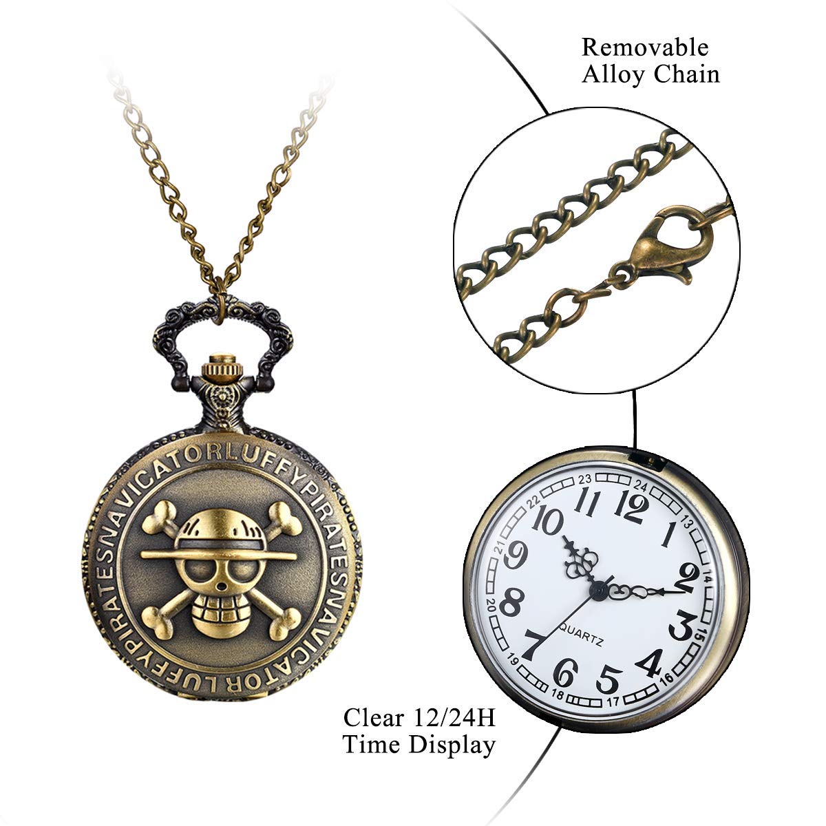 JewelryWe Taschenuhr Herren Damen Vintage: Retro Analog Quarz Kettenuhr Uhr Umhängeuhr mit Halskette Kette Pocket Watch Bronze Unisex Geschenk