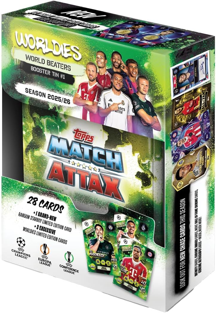Topps UCC Match Attax 2025/26 - Mini Tin - World Beaters - enthält 28 Match Attax-Karten Plus eine zufällige Star Boy LE und 3 Exklusive „Worldies“-LE-Karten.