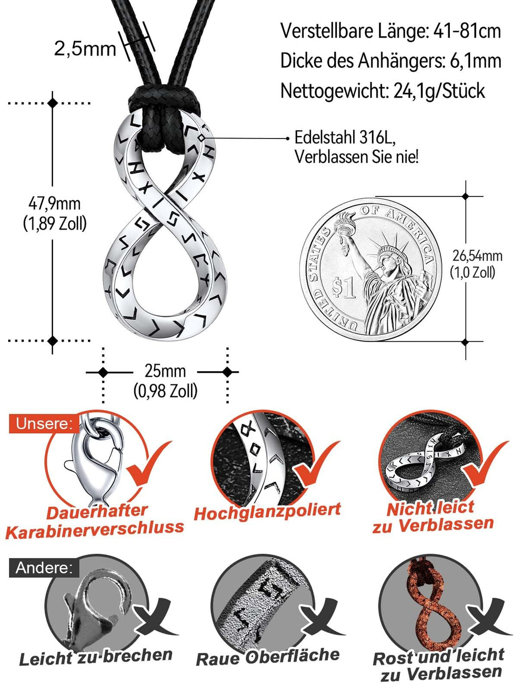 FaithHeart Lederkette Herren Damen Leder Halskette Männer Kette mit Runen Anhänger Edelstahl Lederband mit Mobius Rund/Dreieck/Unendlichkeit Kunstleder Lederhalsband verstellbar Wikinger Schmuck
