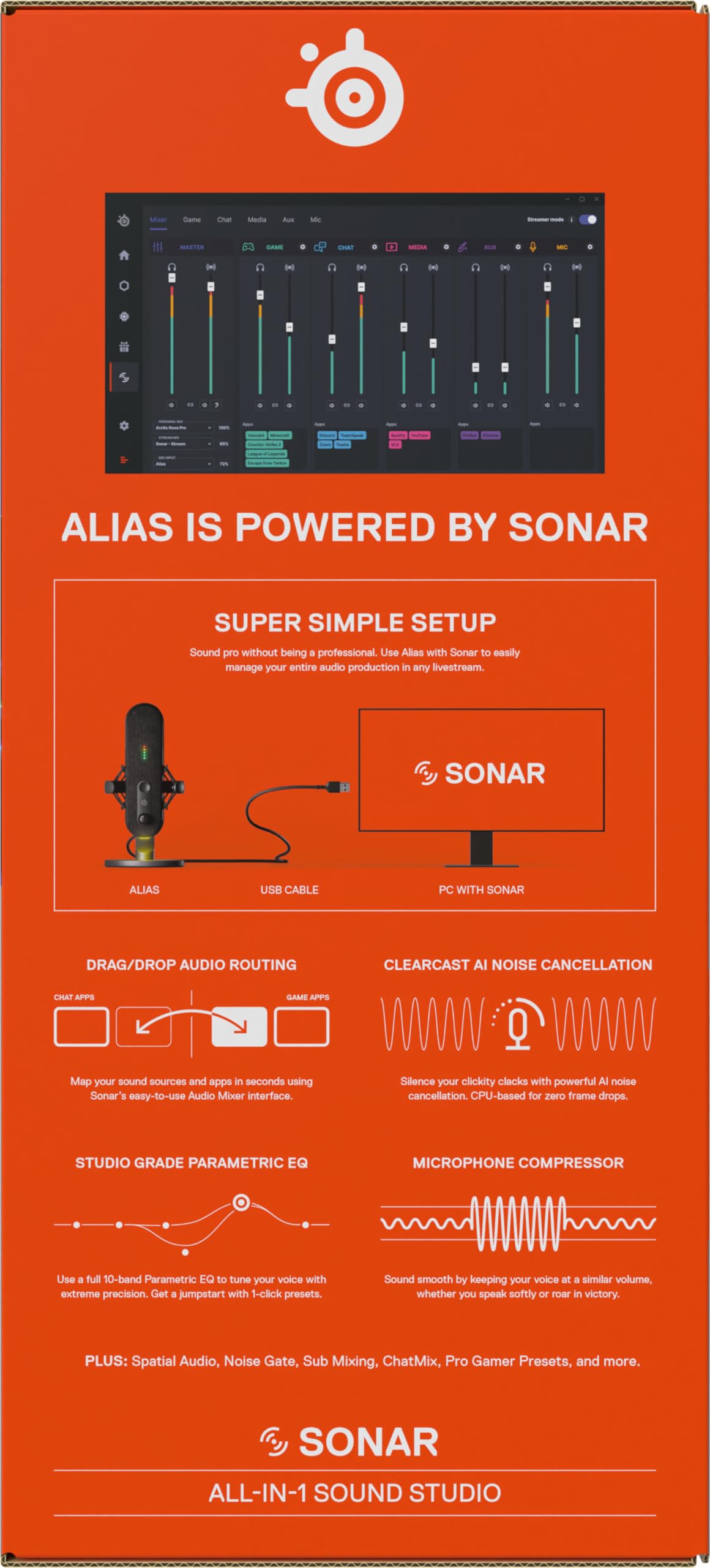 SteelSeries Alias Pro Kit – XLR-Mikrofon + Stream-Mixer – 3 Mal größere Kapsel fürs Gaming, Streaming und Podcasting – USB/XLR-Schnittstelle – Benutzerdefinierte Steuerung – RGB – Einzel- oder Dual-PC
