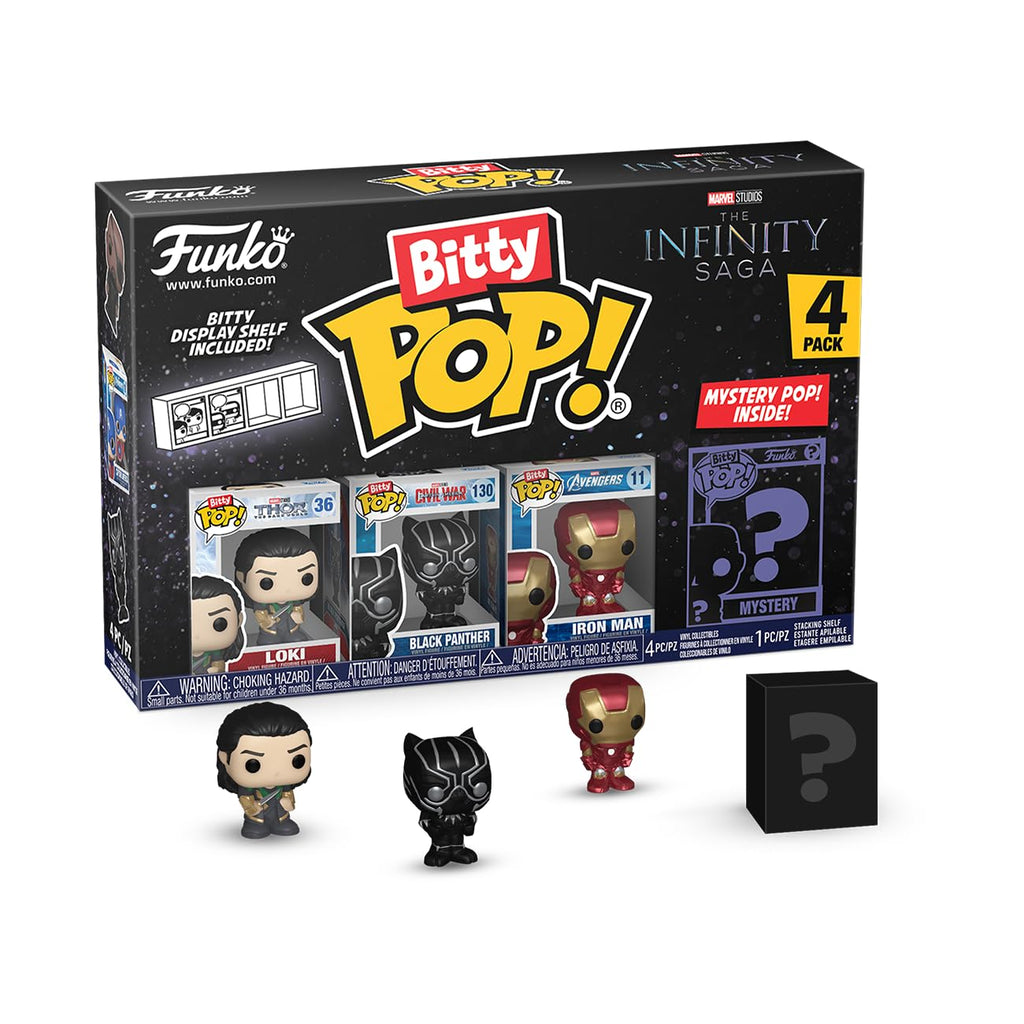 Funko Bitty Pop! Marvel - Loki 4PK - Loki, Black Panther, Iron Man (VII) und eine Überraschungs-Mini-Figur - 0.9 Inch (2.2 cm) - Marvel Comics Sammlerstück Stapelbares Display-Regal Inklusive
