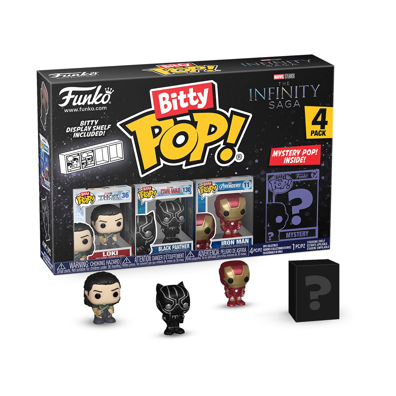 Funko Bitty Pop! Marvel - Loki 4PK - Loki, Black Panther, Iron Man (VII) und eine Überraschungs-Mini-Figur - 0.9 Inch (2.2 cm) - Marvel Comics Sammlerstück Stapelbares Display-Regal Inklusive