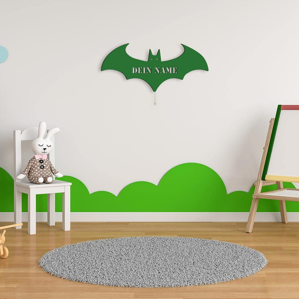 Namofactur® - LED Deko Schlummerlicht Nacht-Licht Fledermaus personalisiert mit Wunsch Namen Lasergravur Wand-Lampe Kinderzimmer Wohnzimmer Geschenk