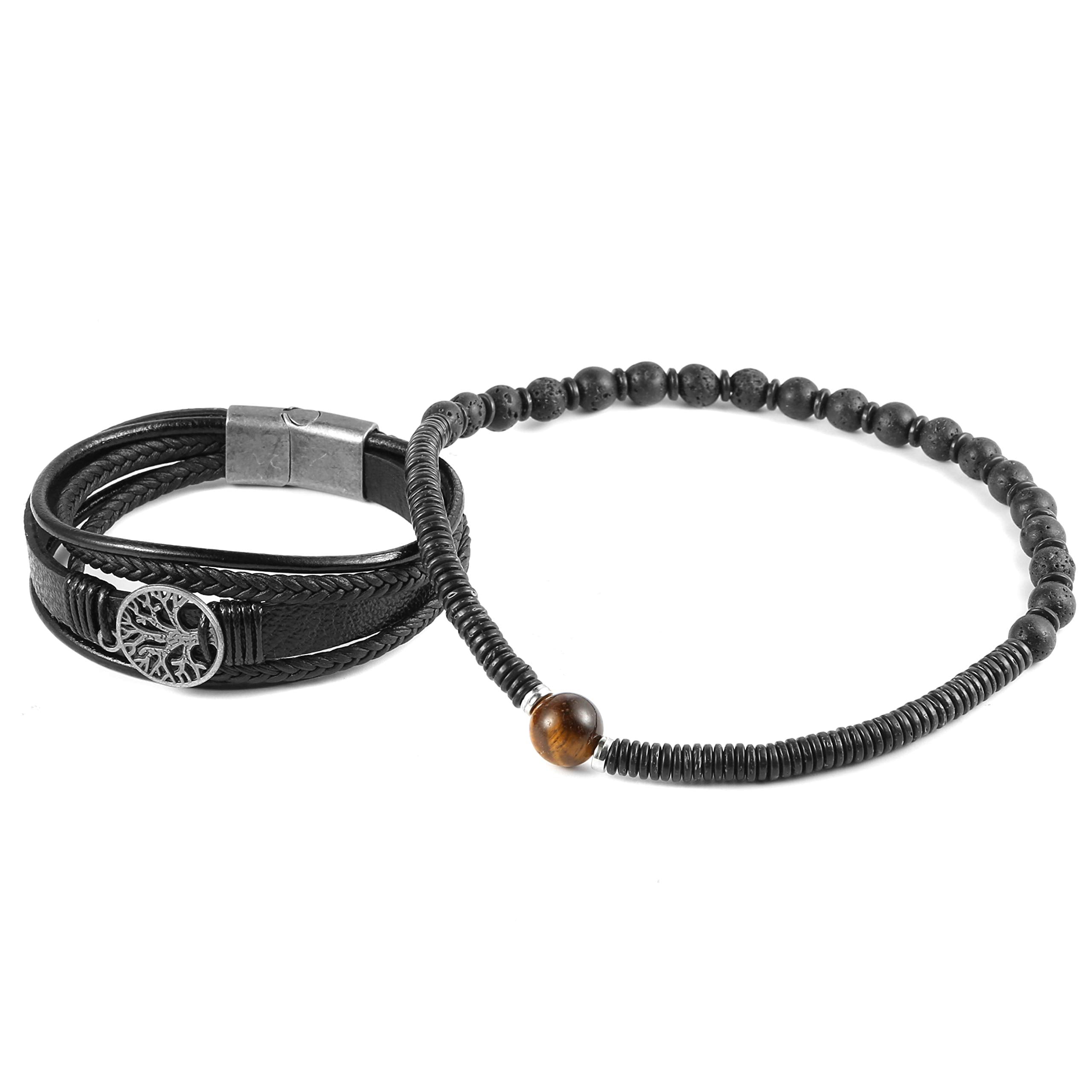 HZMAN Echtes Leder Baum des Lebens Armbänder Männer Frauen, Tigerauge Naturstein Lava Rock Perlen Ethnische Tribal elastische Armbänder Armbänder (2Pcs)