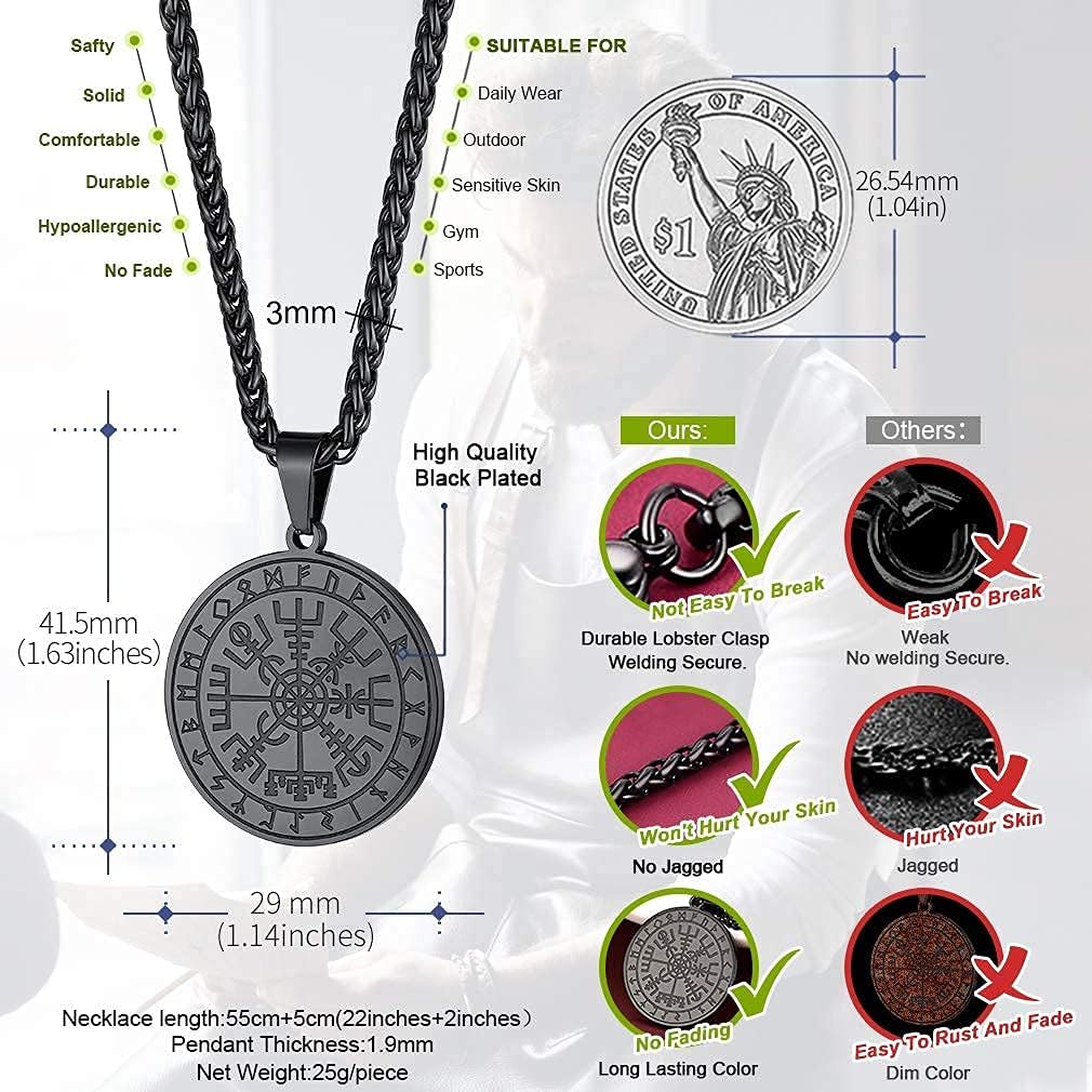 FaithHeart Wikingerhalskette für Herren, Vegvisir-Kompass, Edelstahl, Kette 55 + 5 cm, nordischer Mythologie-Schmuck