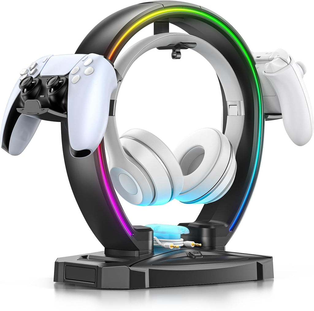 KDD Led Kopfhörer Ständer mit 9 Lichtmodi – Gaming Headset Halterung Schreibtisch – Faltbar Controller Halter mit Kabel Organizer - Headset und Controller Haltrung für Gamer PC Gaming Zubehör