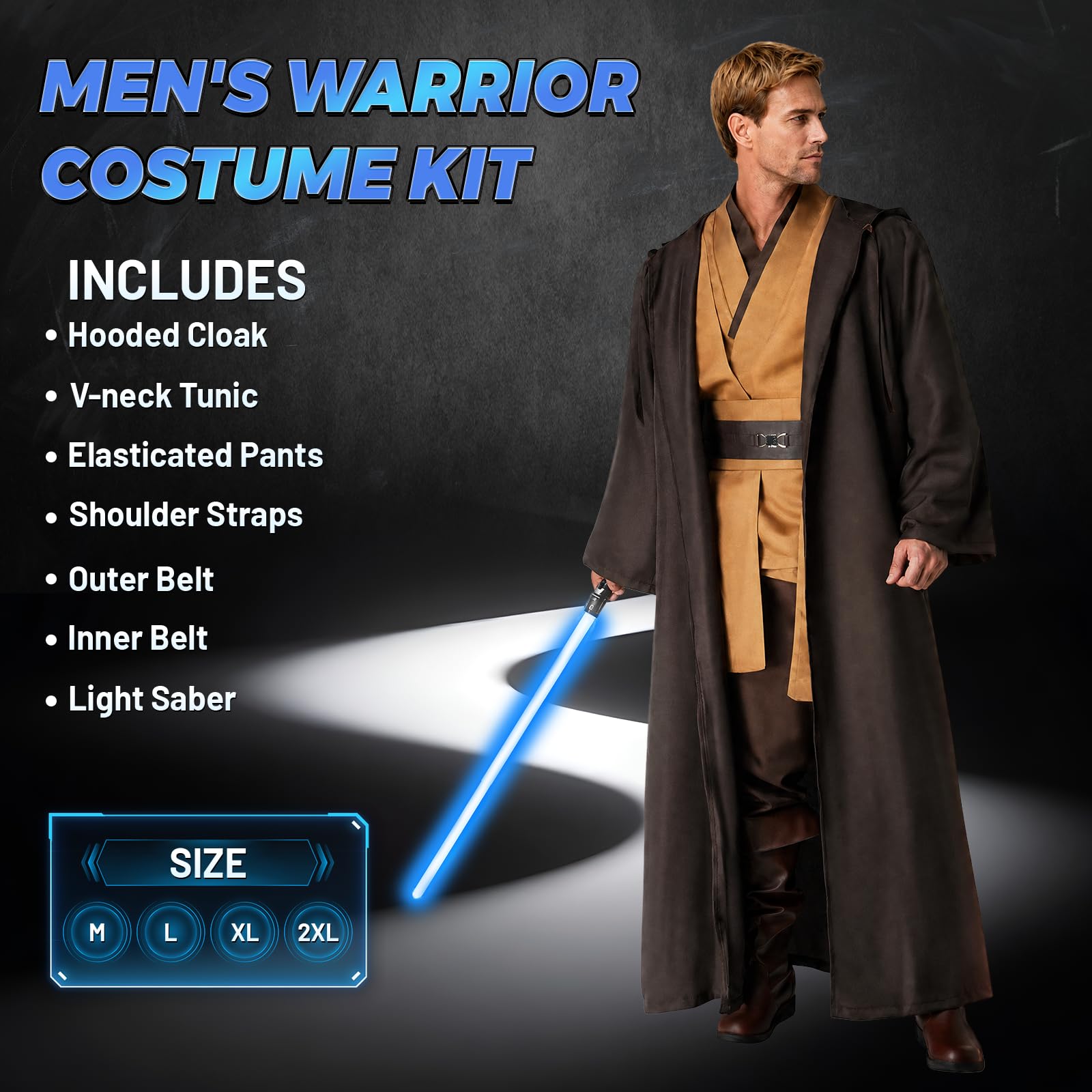 jedi-Kostüm Herren, jedi-Robe Herren Set jedis-Outfit Erwachsene jedis-Kleidung Erwachsene mit Blau Lightsaber, Kapuzenumhang und Mittelalter Tunika für Halloween, Karneval