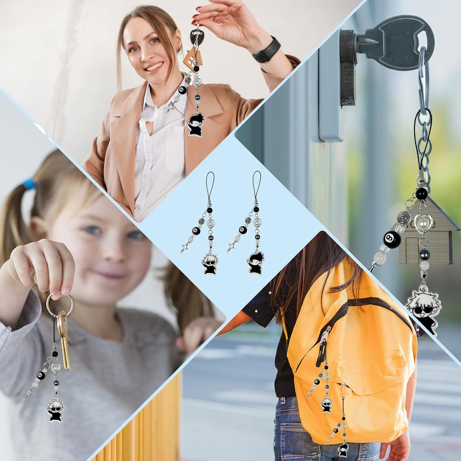 Jujjutsu Kaiisen Schlüsselanhänger, 2 Stück Gojo Satoru Schlüssel Anhänger | Keychain, Schlüsselbund, Anime Merch Accessoire für Schlüssel und Taschen, Schwarz-Weiß mit Sternanhänger