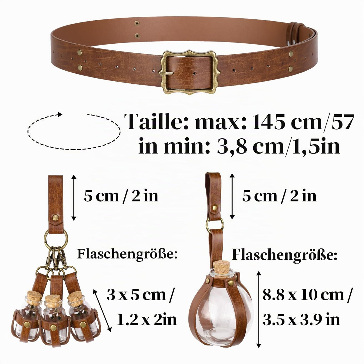 HiiFeuer 3-teiliges Set Mittelalterliche Alchemie Gürtel-Elixierflaschen,Fantasie Verstellbare Glasfläschchen, Hexen & Zauberer Kostüm für Ren Faire