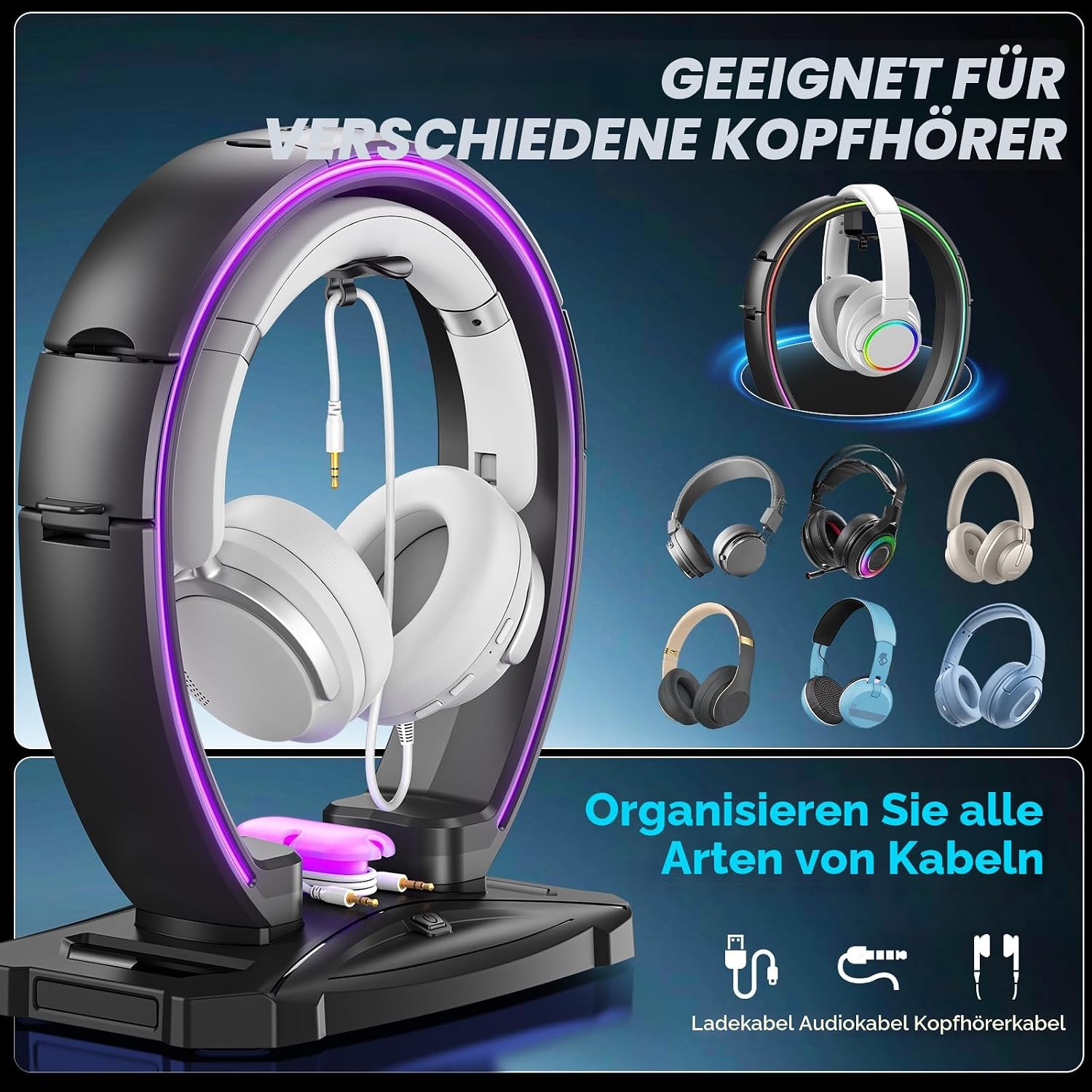 KDD Led Kopfhörer Ständer mit 9 Lichtmodi – Gaming Headset Halterung Schreibtisch – Faltbar Controller Halter mit Kabel Organizer - Headset und Controller Haltrung für Gamer PC Gaming Zubehör