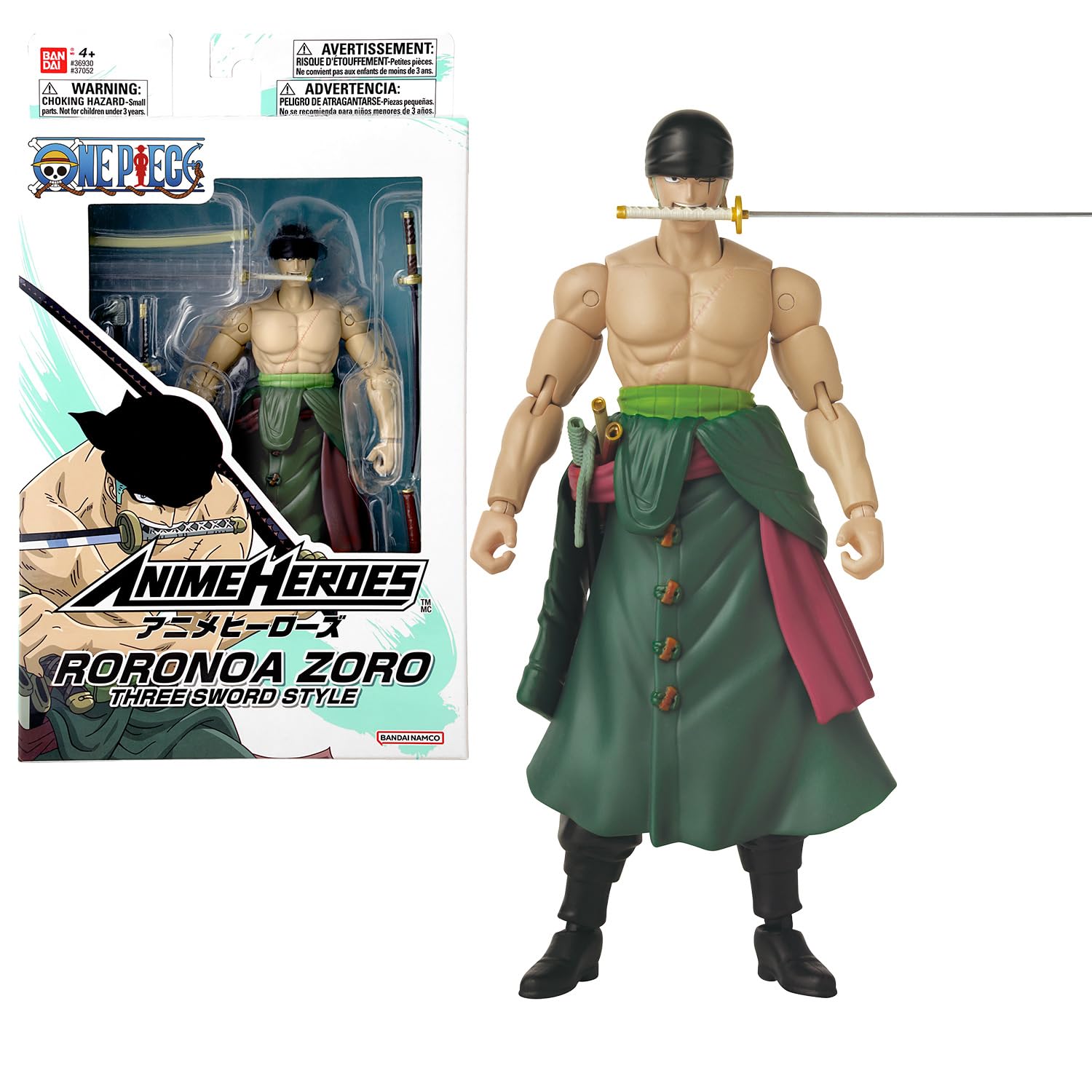 BANDAI – Anime Heroes – One Piece Figur – Lorenor Zorro 17 cm Three Sword Style – Offizielle Lizenz One Piece – Bewegliche Manga Figur Zorro 3 Schwerter – Spielzeug für Kinder ab 4 Jahren – 37052
